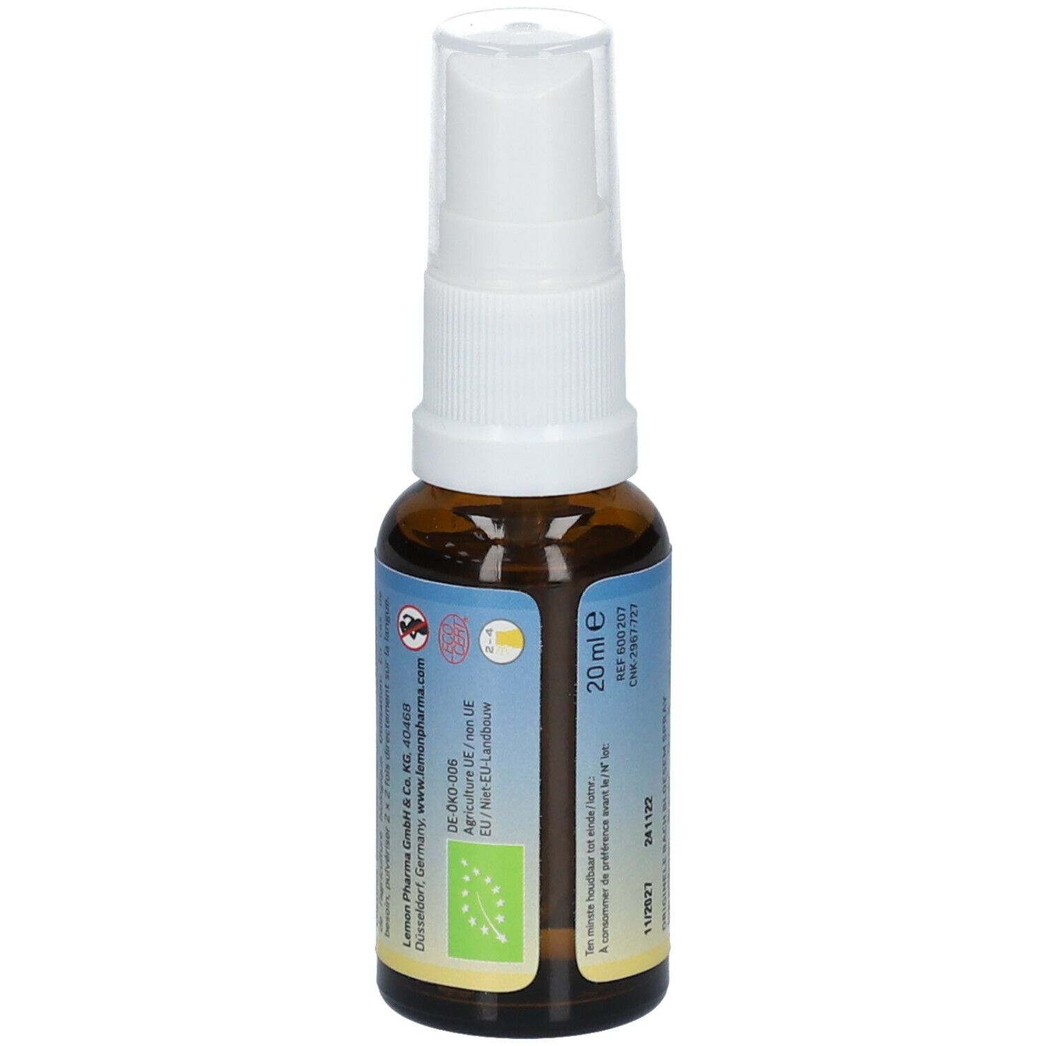Dos du flacon en verre brun avec vaporisateur blanc. Étiquette avec informations fabricant et label bio. Texte : 20 ml, Lemo Pharma.