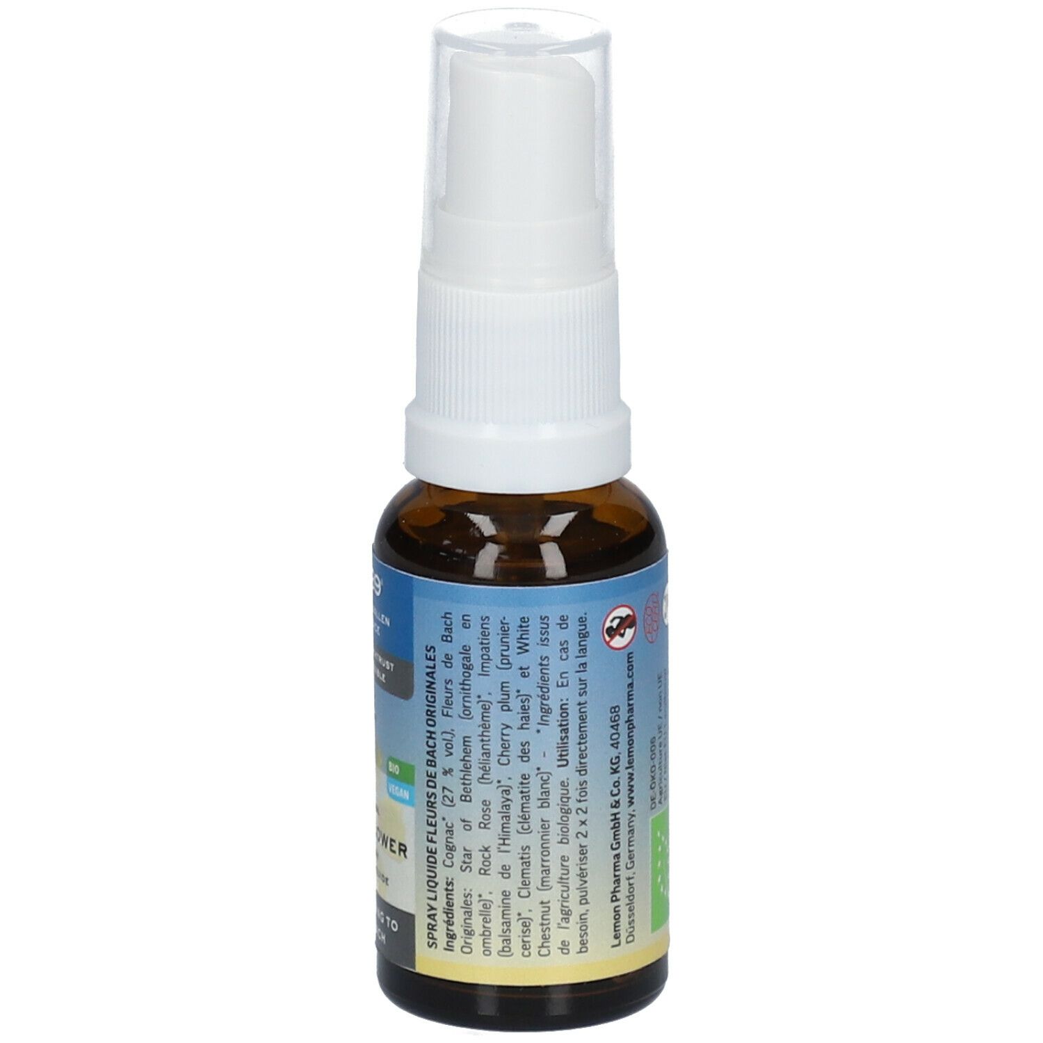 Dos du flacon en verre brun avec vaporisateur blanc. Étiquette avec ingrédients et informations fabricant. Texte : Spray liquide, Lemo Pharma.