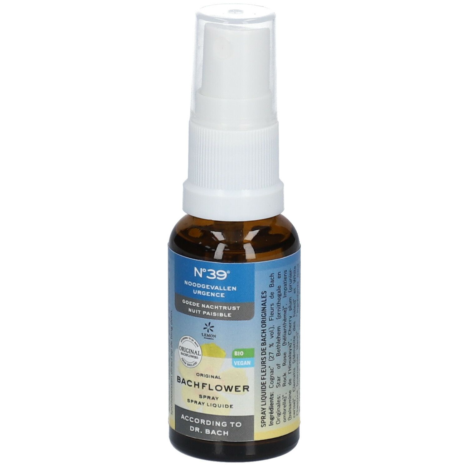 Flacon en verre brun avec vaporisateur blanc. Étiquette avec informations produit. Texte : N°39, Spray Fleurs de Bach, nuit paisible, Original, label bio.