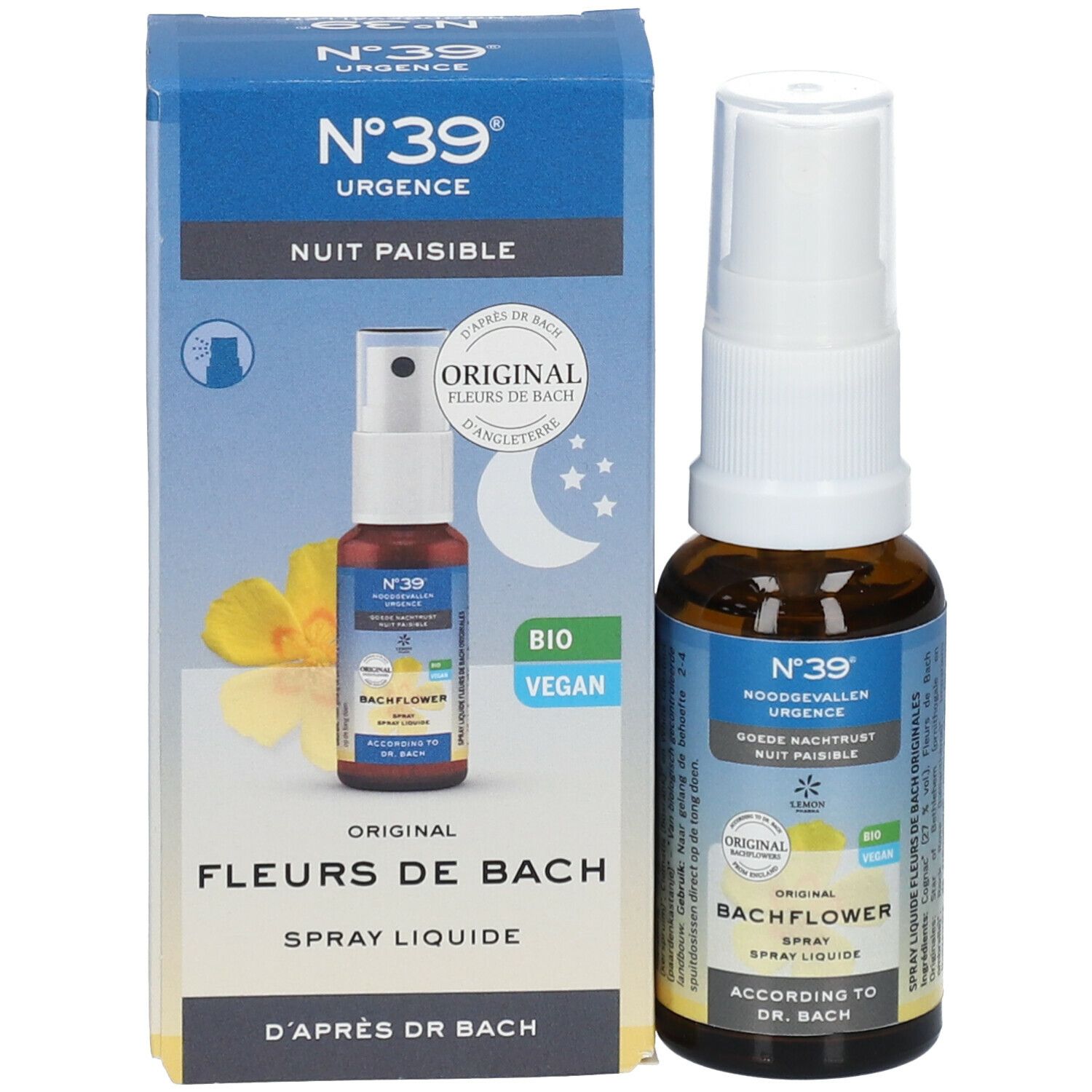 Emballage du produit avec flacon et boîte. Flacon avec vaporisateur blanc. Boîte avec nom du produit et logo. Texte : N°39, Fleurs de Bach, Bio, Vegan.