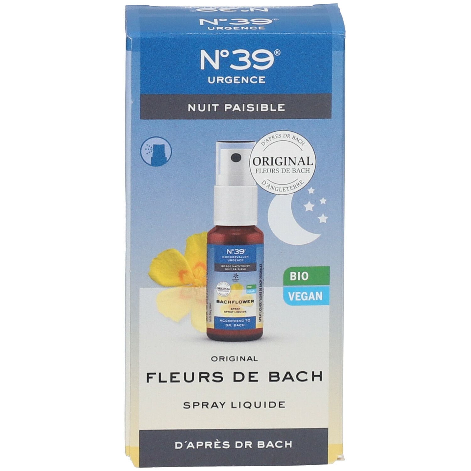 Emballage du produit avec flacon et boîte. Flacon avec vaporisateur blanc. Boîte avec nom du produit et logo. Texte : N°39, Fleurs de Bach, Bio, Vegan.