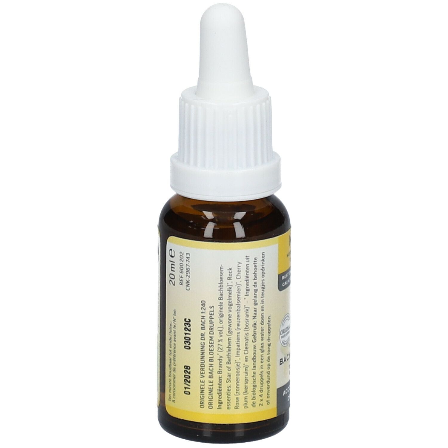 Bruine glazen fles met witte dop. Etiket met tekst. Bevat 20 ml. Druppelfles.