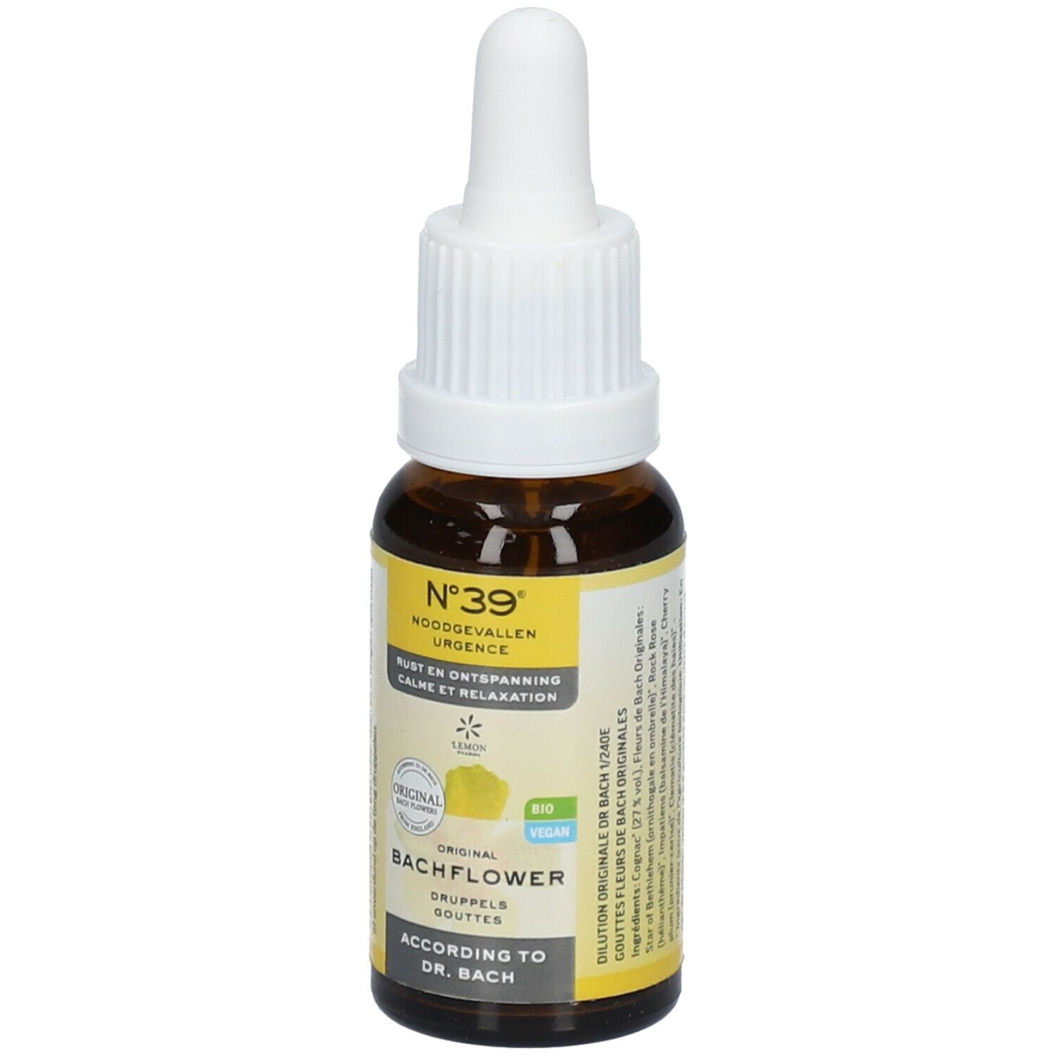 Bruine glazen fles met witte dop. Geel etiket met tekst en logo. Druppelfles.