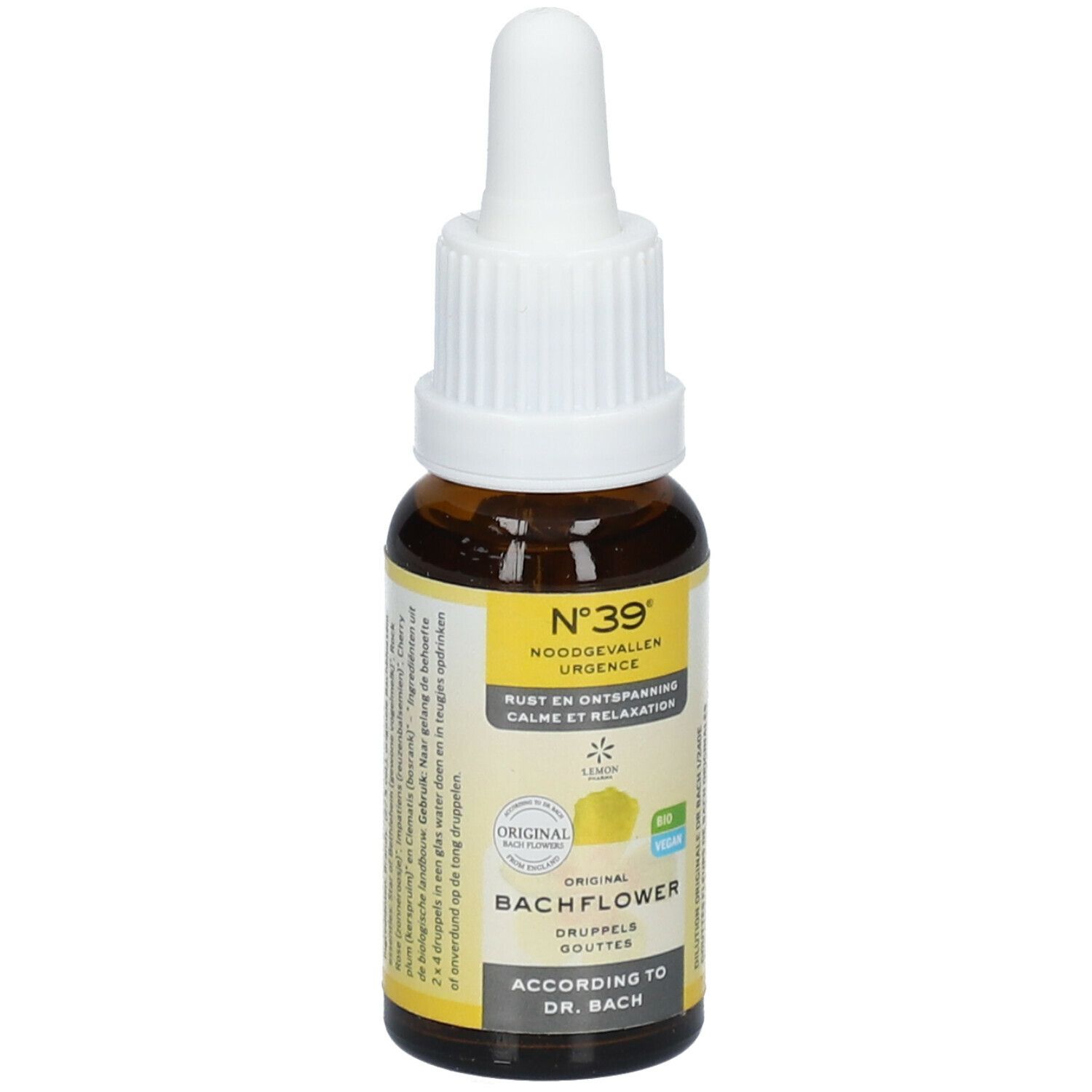 Bruine glazen fles met witte dop. Geel etiket met tekst en logo. Druppelfles.