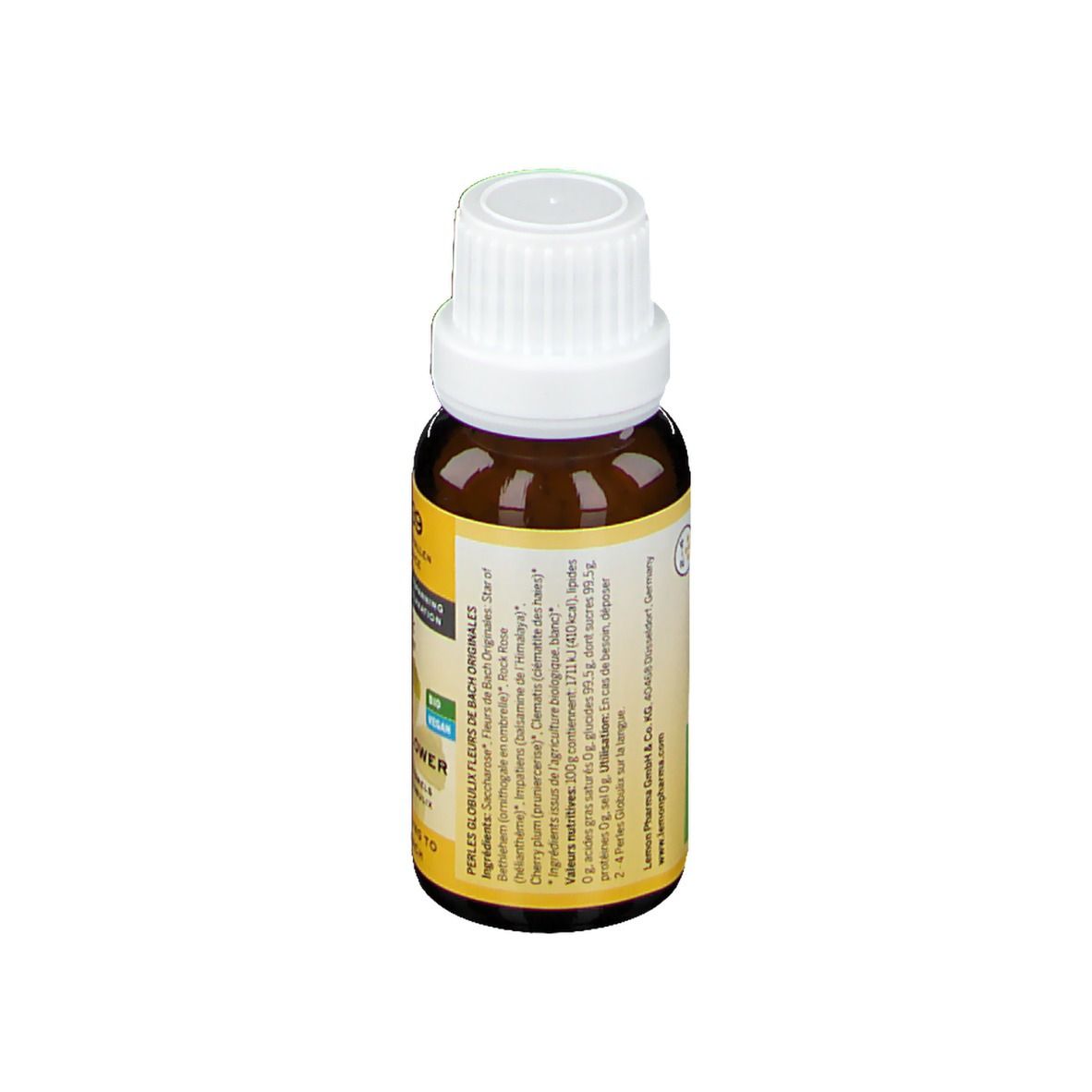Vue arrière du flacon en verre brun avec étiquette jaune. Texte: ingrédients, informations fabricant, numéro de lot, label bio.