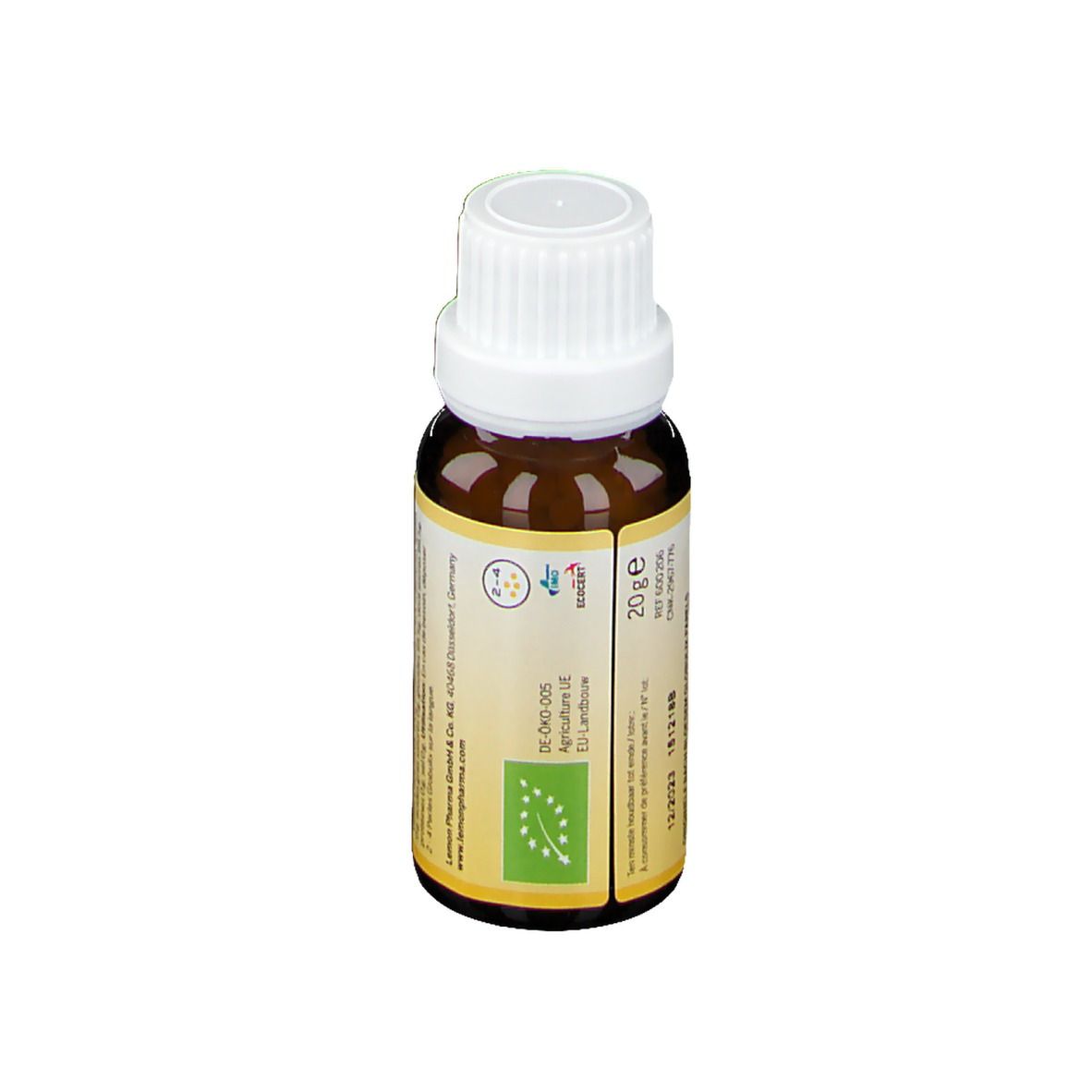 Vue arrière du flacon en verre brun avec étiquette jaune. Texte: 20g, label bio, informations fabricant, numéro de lot.