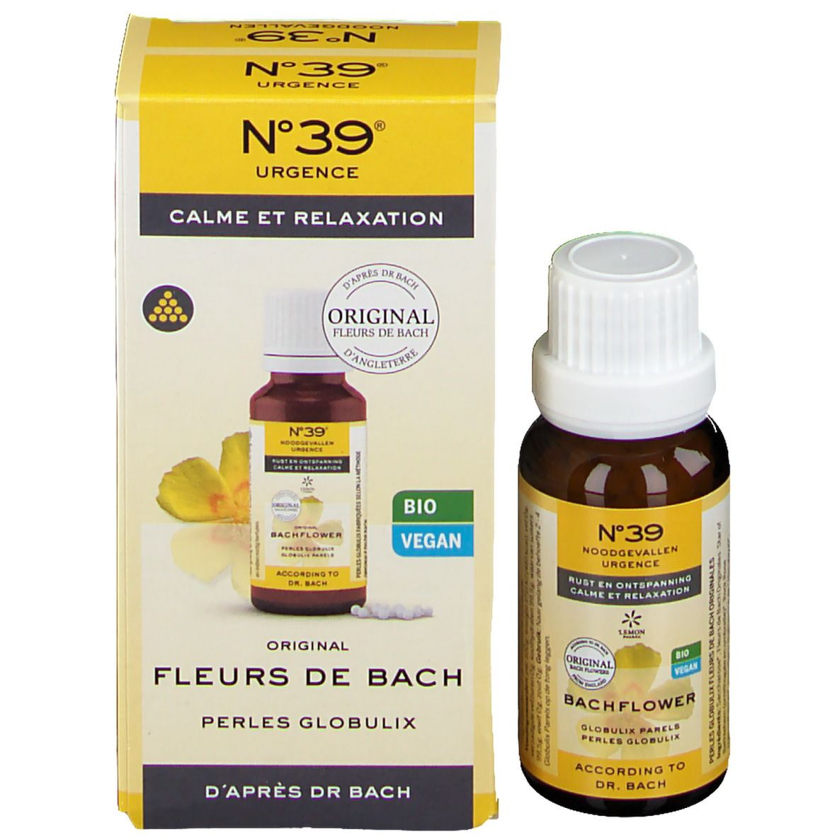 Emballage du produit avec flacon et boîte. Flacon: verre brun, bouchon blanc, étiquette jaune. Boîte: jaune, texte: N°39, Bio Vegan.
