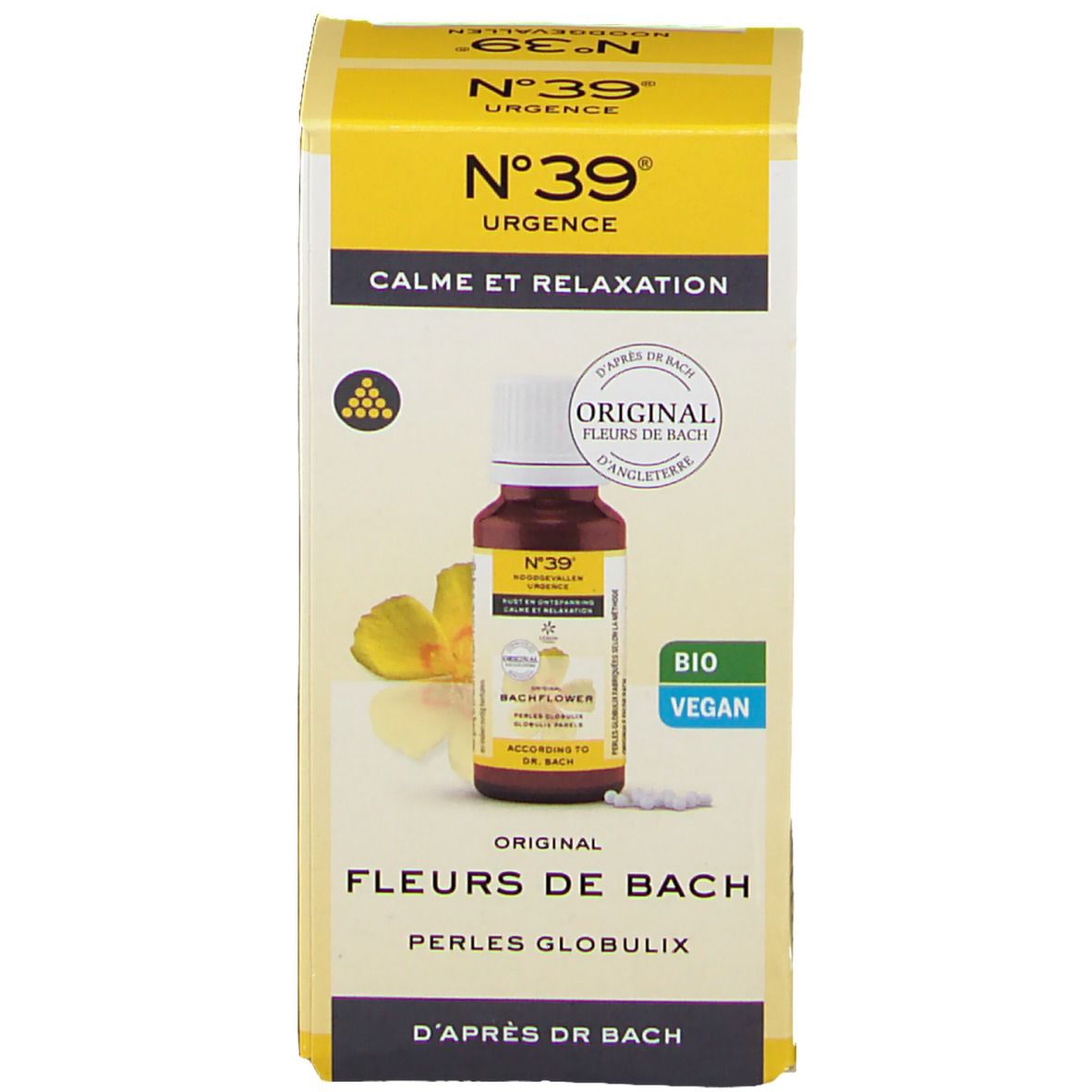 Emballage du produit avec flacon et boîte. Flacon: verre brun, bouchon blanc, étiquette jaune. Boîte: jaune, texte: N°39, Bio Vegan.