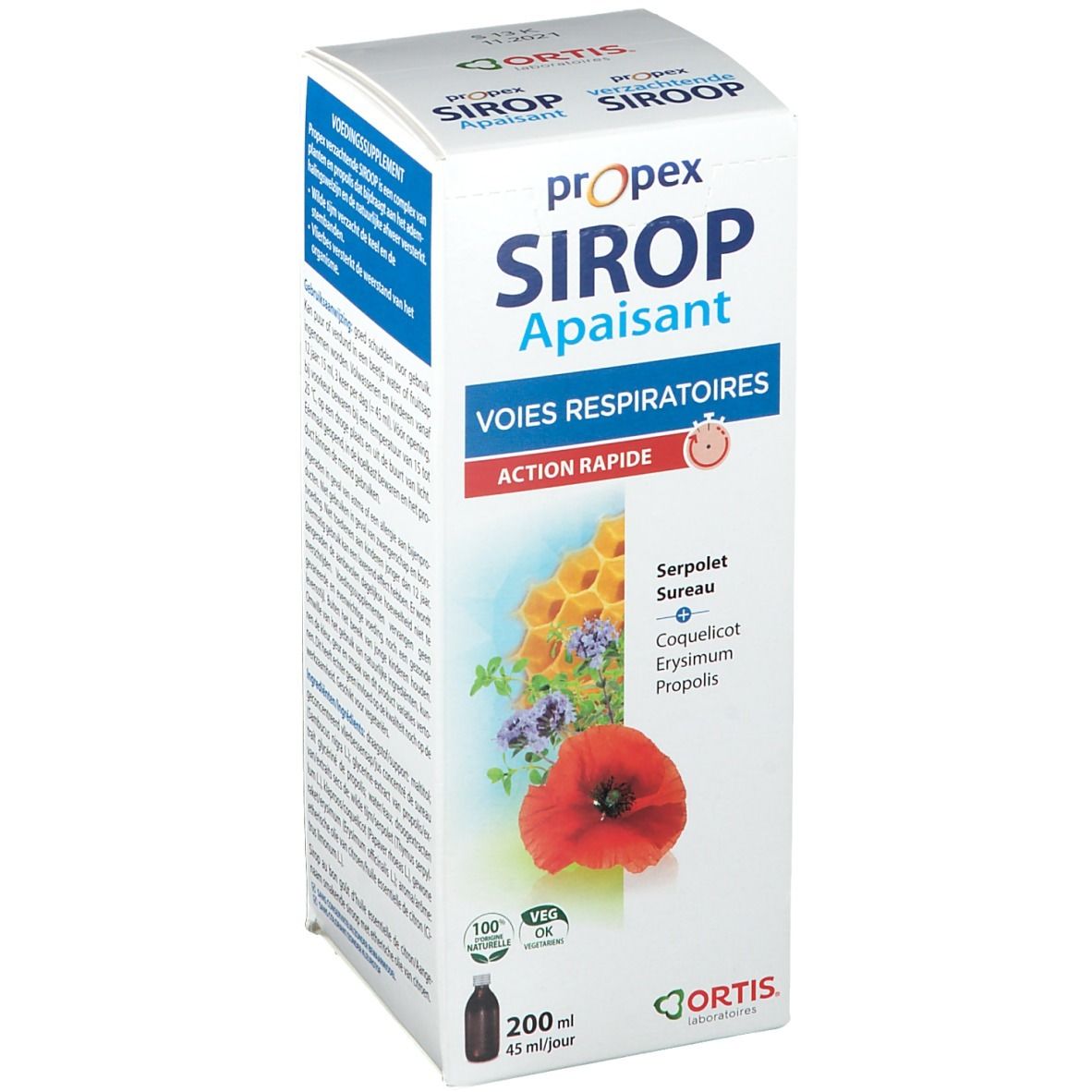 Boîte de sirop Ortis Propex. Ingrédients : coquelicot, sureau, propolis. Flacon 200 ml. Logo végétal et label de qualité.