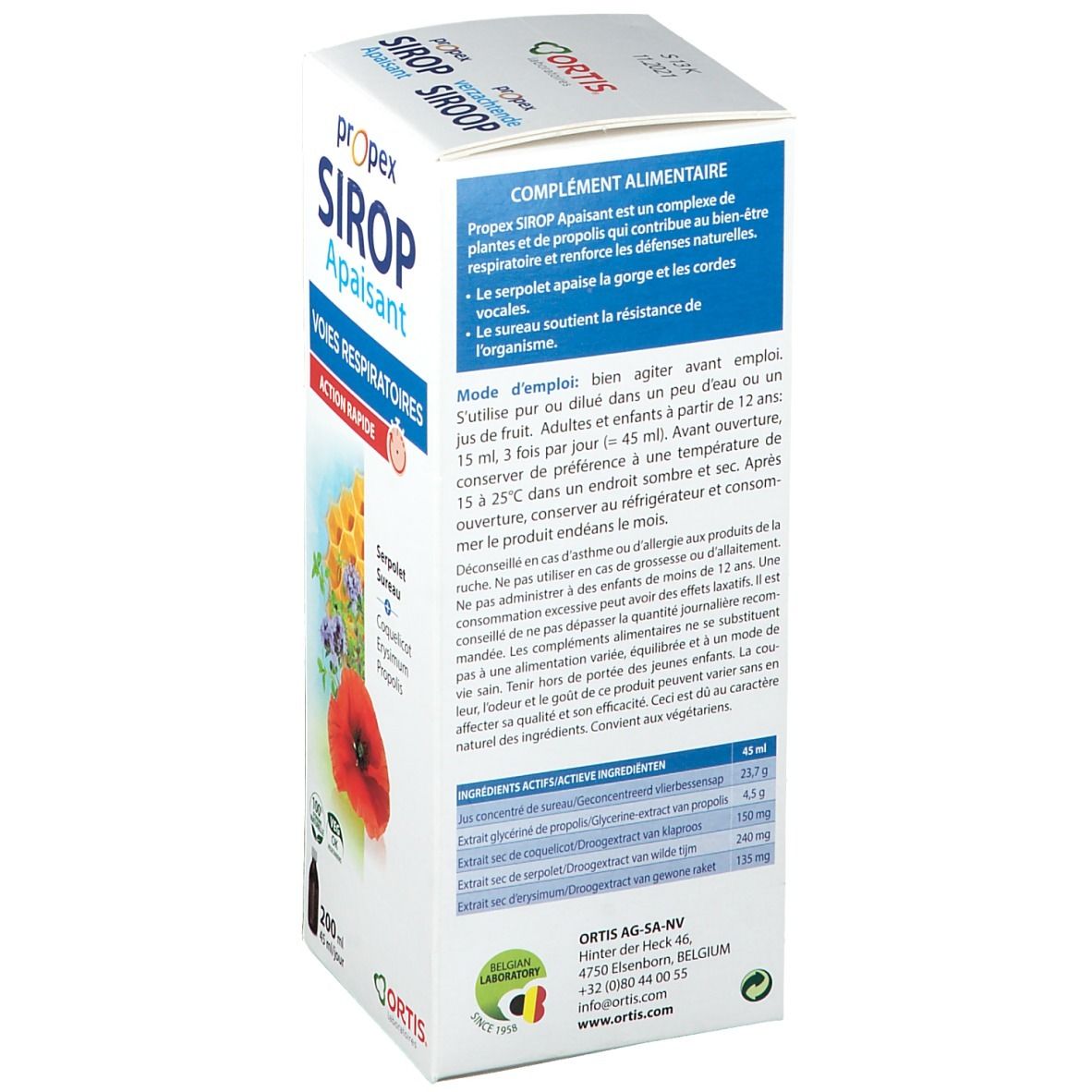 Dos de la boîte de sirop Ortis Propex. Informations sur le produit, ingrédients, dosage. Logo et adresse Ortis.