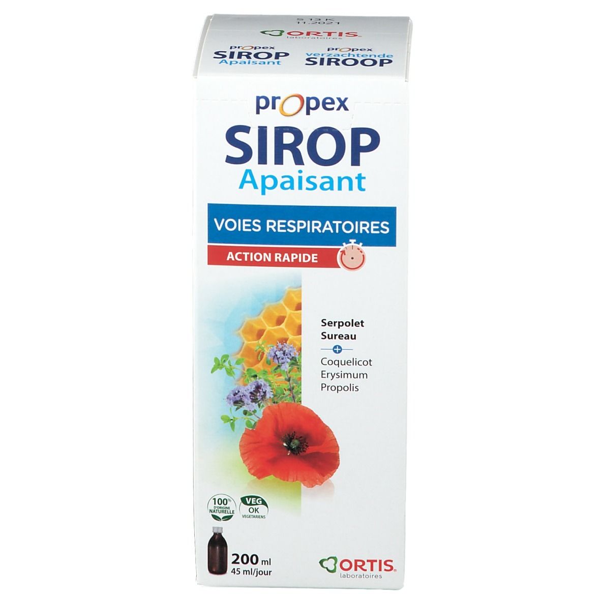 Boîte de sirop Ortis Propex. Ingrédients : coquelicot, sureau, propolis. Flacon 200 ml. Logo végétal et label de qualité.