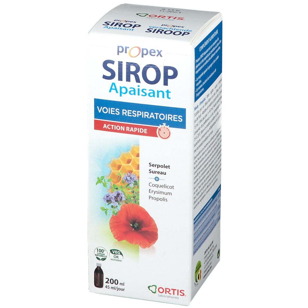 Boîte de sirop Ortis Propex. Ingrédients : coquelicot, sureau, propolis. Flacon 200 ml. Logo végétal et label de qualité.