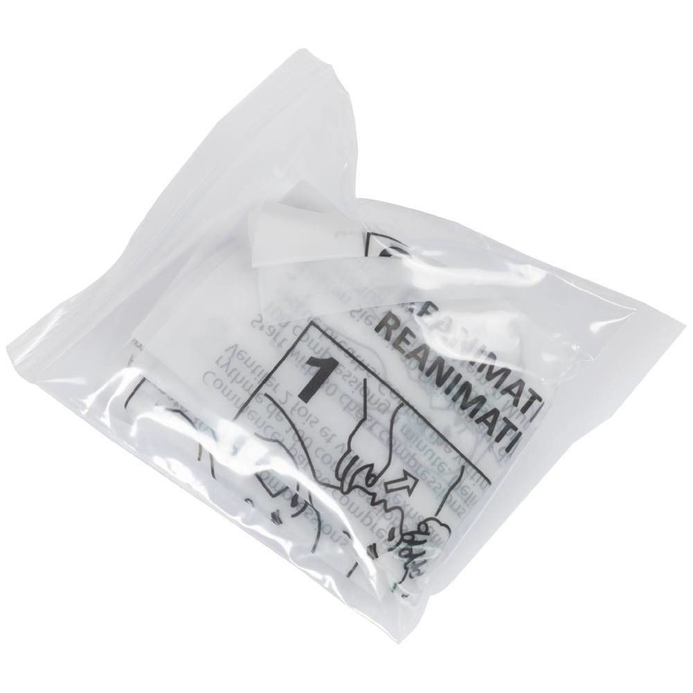 Beutel mit Reanimationsmaske. Aufdruck mit Anweisungen und Piktogrammen. Einzelverpackt.
