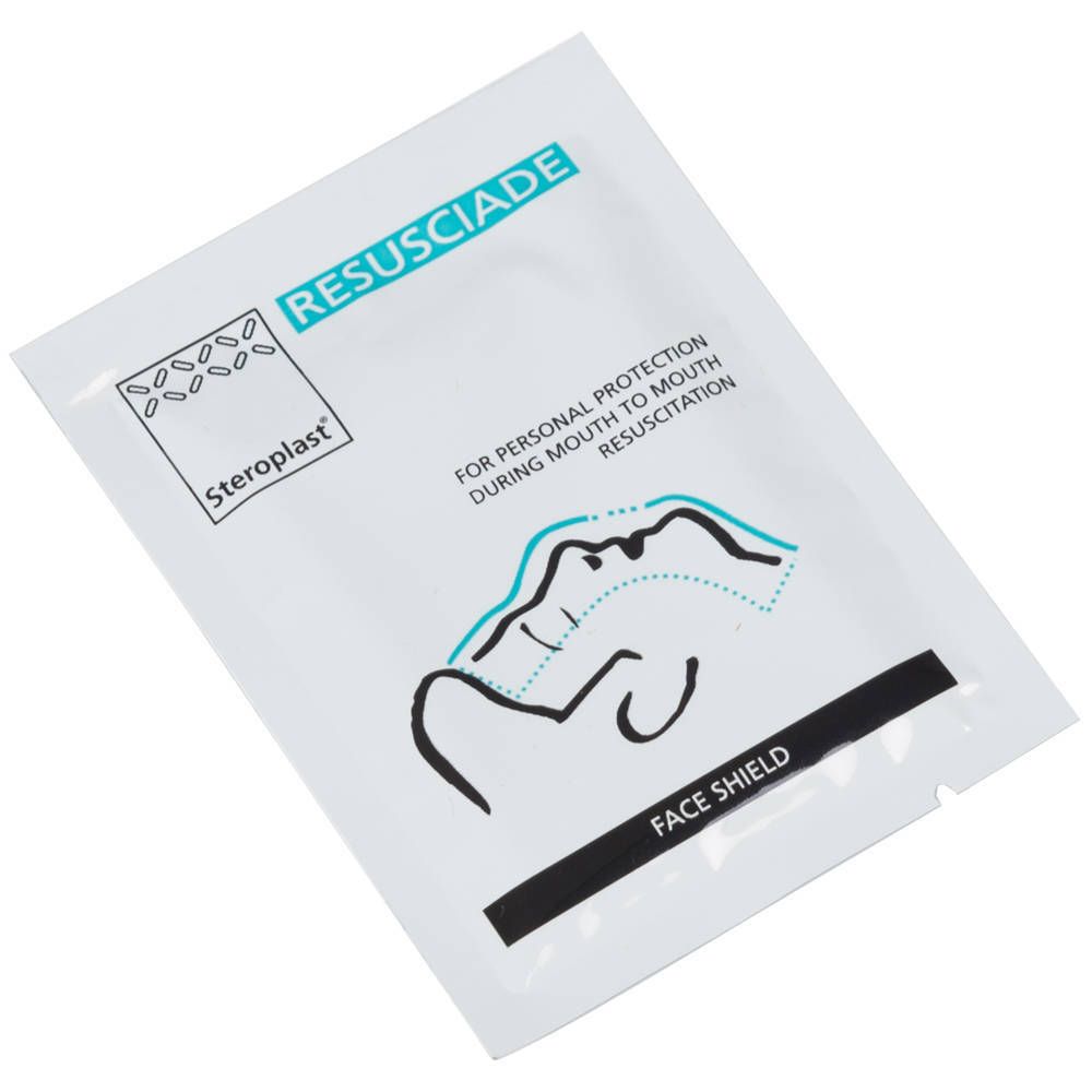 Resusciade face shield. Individuele verpakking met illustratie en tekst. Steroplast logo en productnaam.