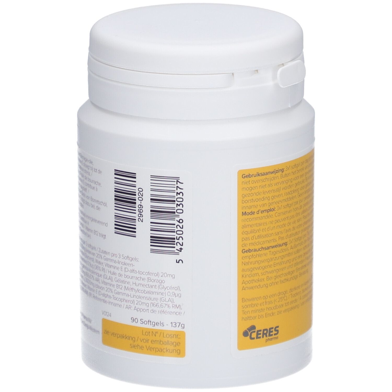 Achterkant van een witte fles met geel etiket. Barcode en tekst. Bevat informatie over het product.