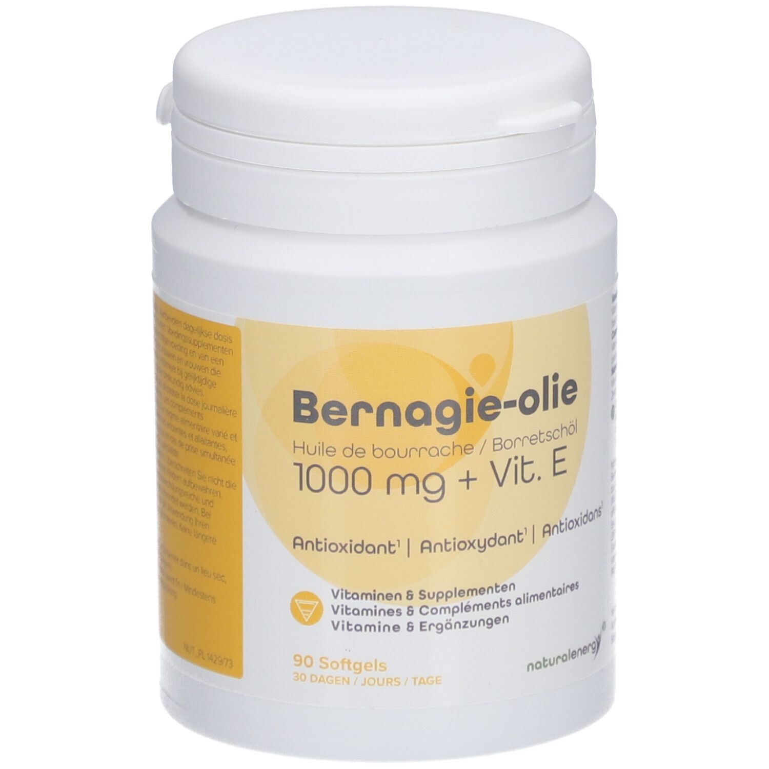 Witte fles met geel etiket. Opschrift: Bernagie-olie 1000 mg + Vit. E. 90 softgels.