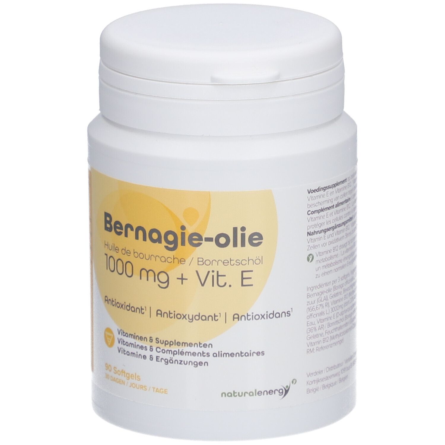 Witte fles met geel etiket. Opschrift: Bernagie-olie 1000 mg + Vit. E. 90 softgels.
