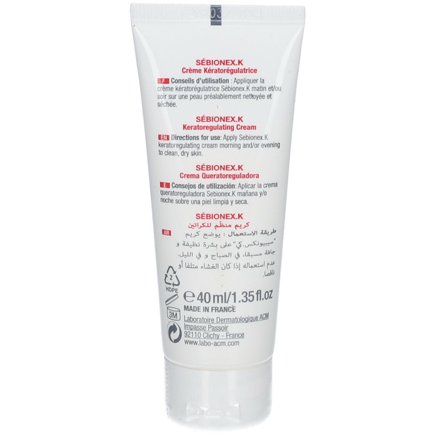 Dos du tube de crème. Inscriptions : SÉBIONEX.K, instructions d'utilisation multilingues, 40ml.