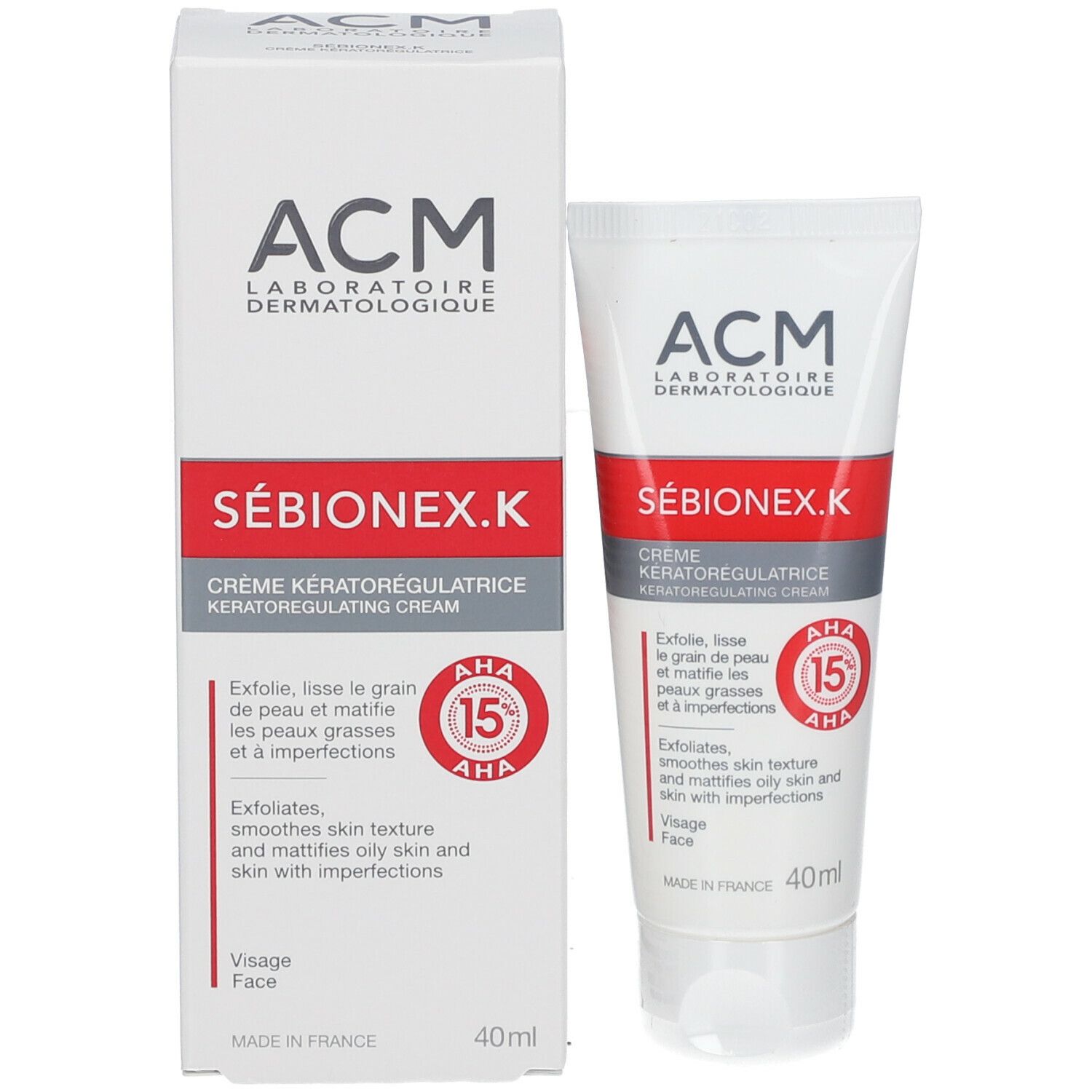 Emballage et tube du produit. Inscriptions : ACM, SÉBIONEX.K, 40ml. Contient AHA 15%.