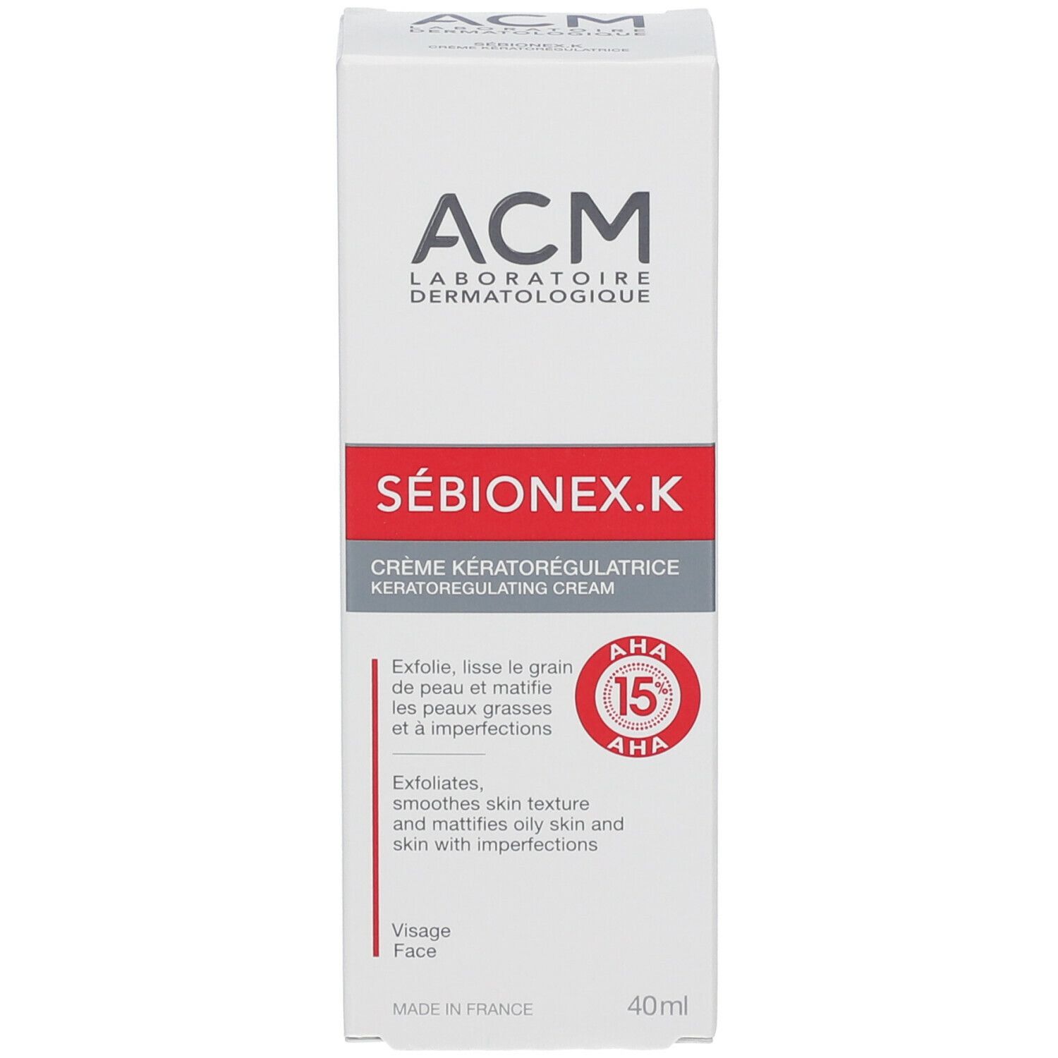 Emballage du produit. Inscriptions : ACM, SÉBIONEX.K, 40ml. Contient AHA 15%.