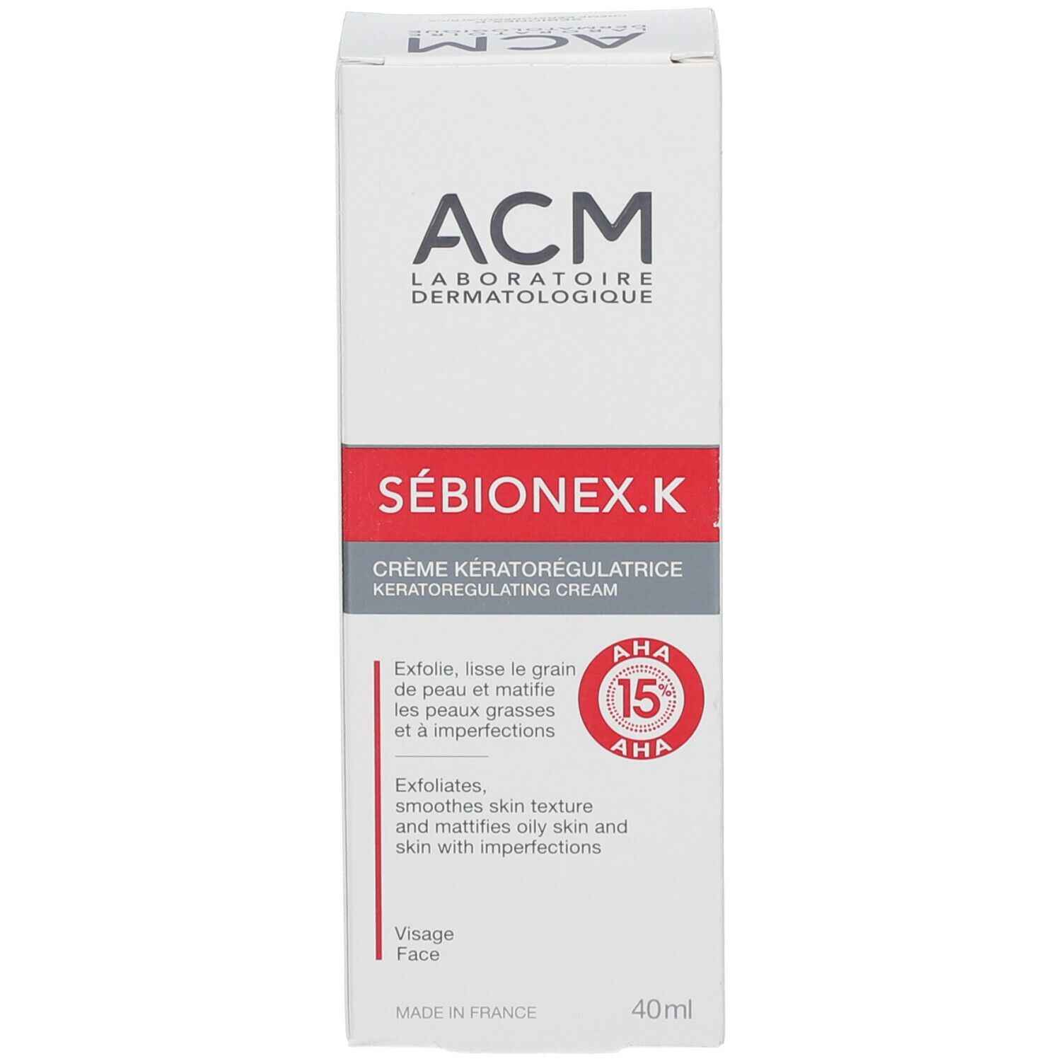 Emballage du produit. Inscriptions : ACM, SÉBIONEX.K, 40ml. Contient AHA 15%.