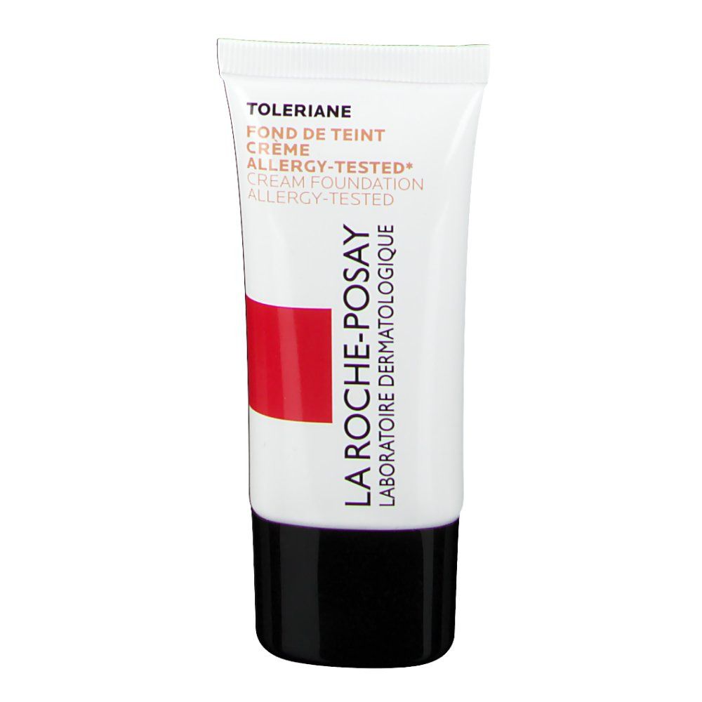 Witte tube met zwarte dop. Rode streep en tekst: LA ROCHE-POSAY. Productnaam: Toleriane Fond de Teint Crème.