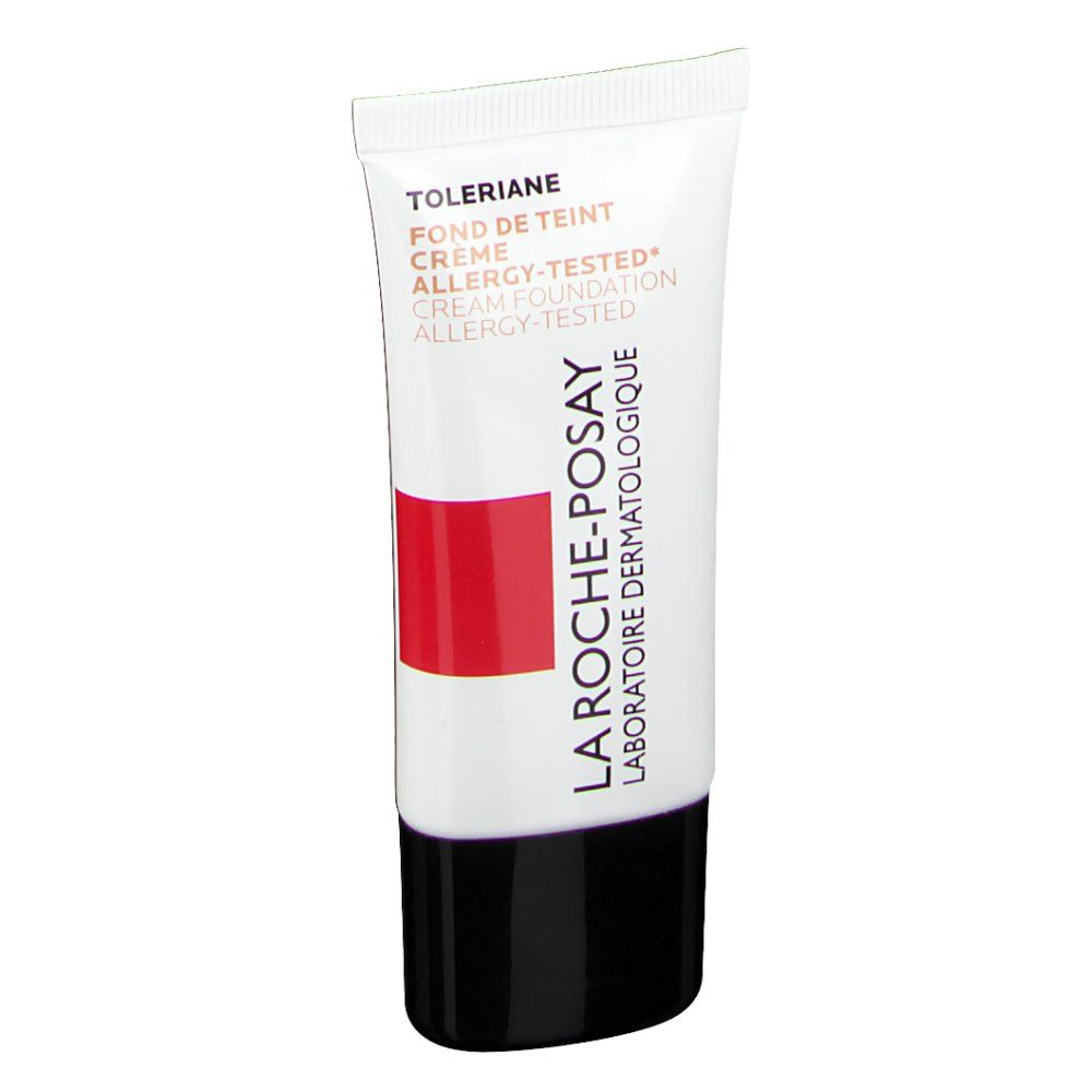 Witte tube met zwarte dop. Rode streep en tekst: LA ROCHE-POSAY. Productnaam: Toleriane Fond de Teint Crème.