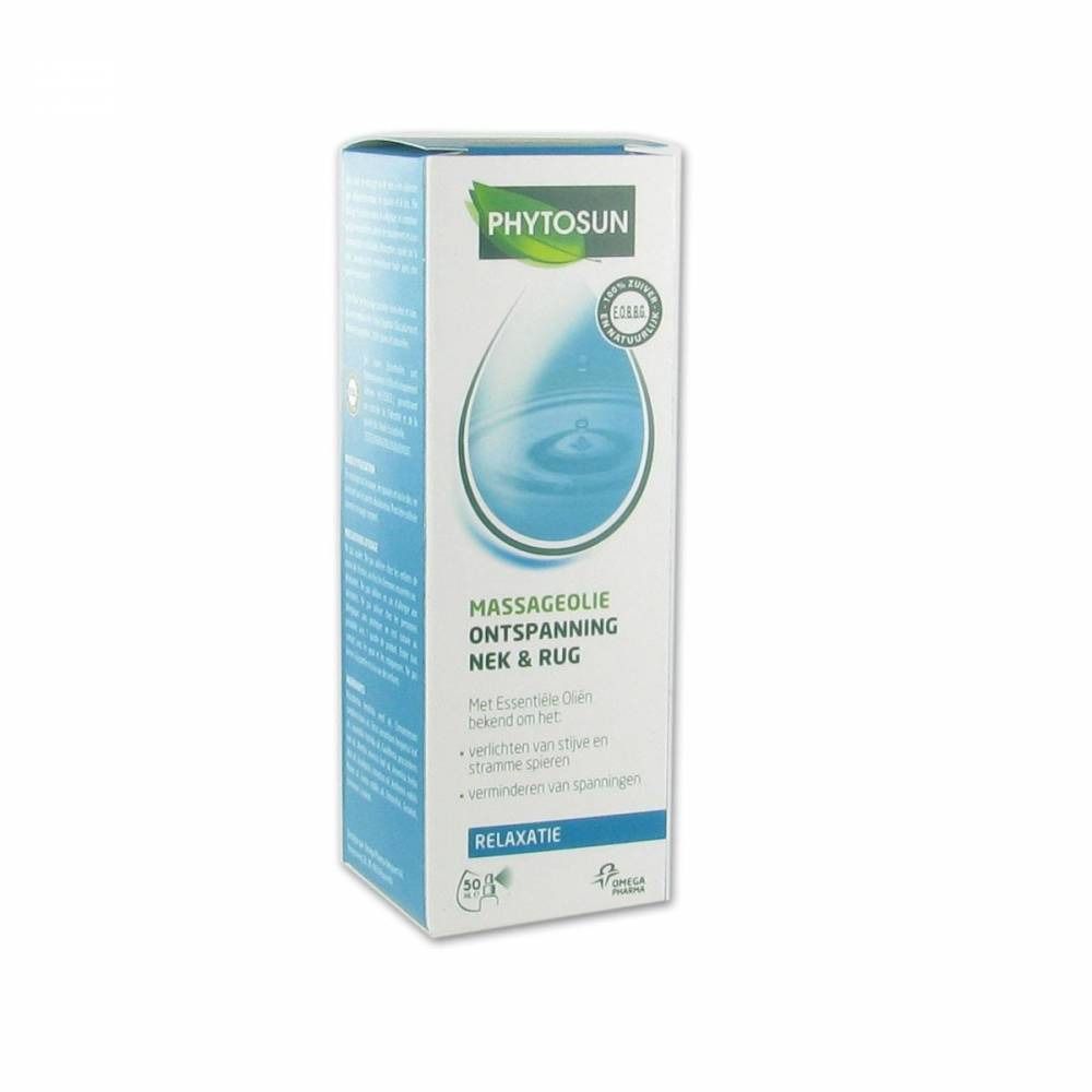 Emballage du produit. Inscription: Phytosun, Massageolie Nek & Rug. Certifications visibles.