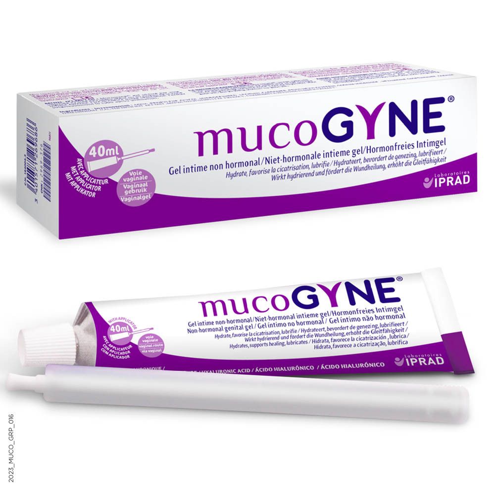 MucoGYNE intieme gel en applicator. Opschrift: 40ml, niet-hormonaal, hyaluronzuur.