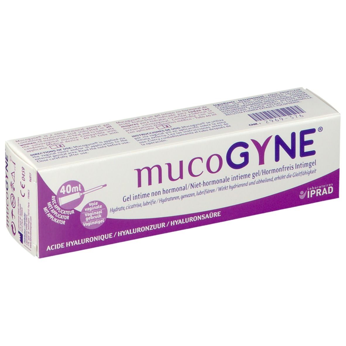 Doos MucoGYNE intieme gel. Opschrift: 40ml, niet-hormonaal, hyaluronzuur. Met applicator.