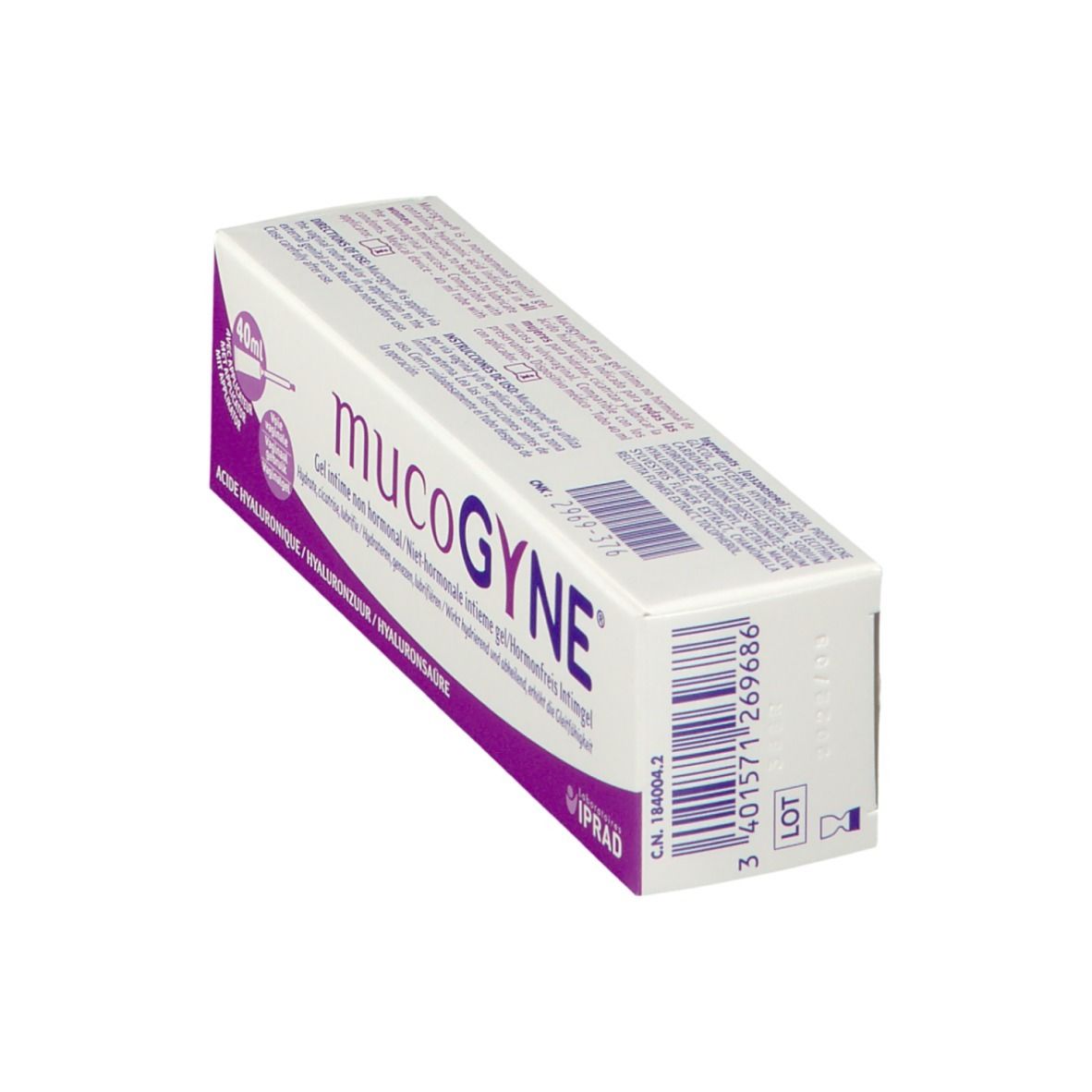 Doos MucoGYNE intieme gel. Opschrift: niet-hormonaal, hyaluronzuur. Met applicator.