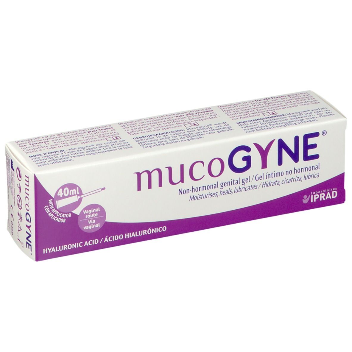 Doos MucoGYNE intieme gel. Opschrift: 40ml, niet-hormonaal, hyaluronzuur. Met applicator.