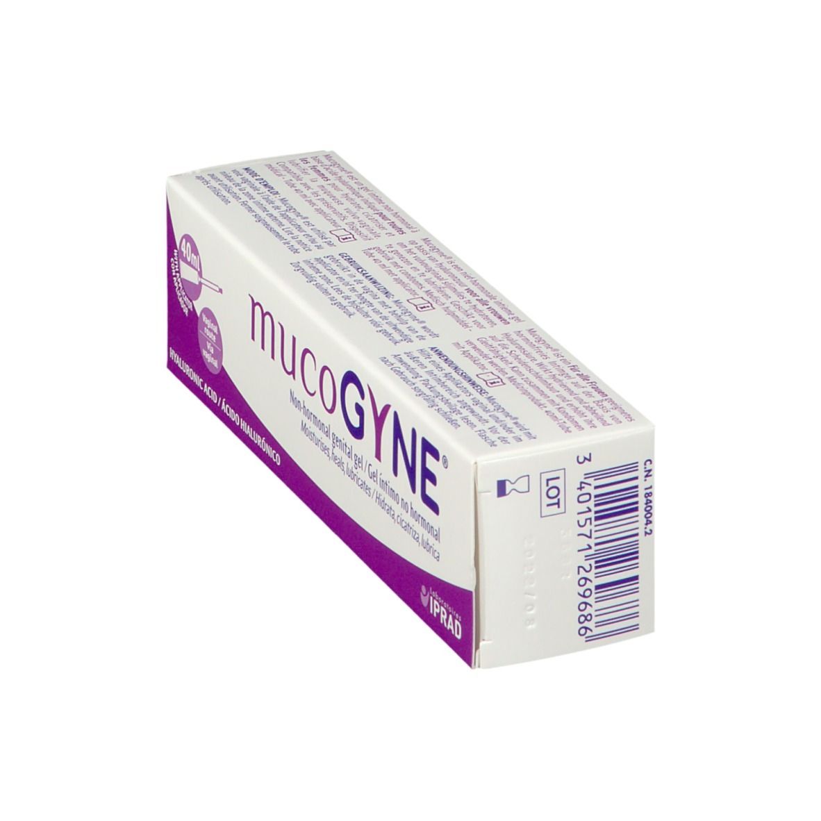 Doos MucoGYNE intieme gel. Opschrift: niet-hormonaal, hyaluronzuur. Met applicator.