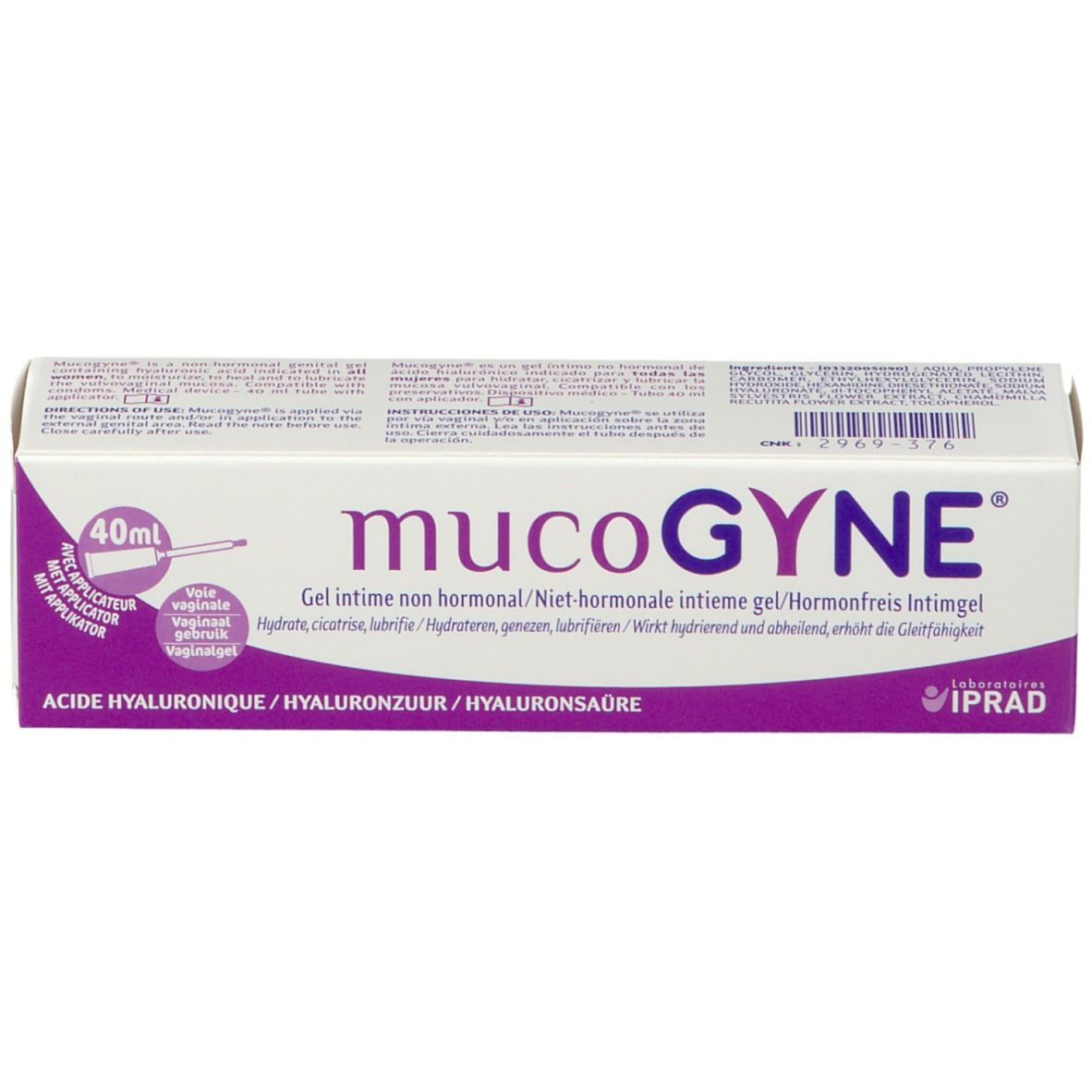 Doos MucoGYNE intieme gel. Opschrift: 40ml, niet-hormonaal, hyaluronzuur. Met applicator.