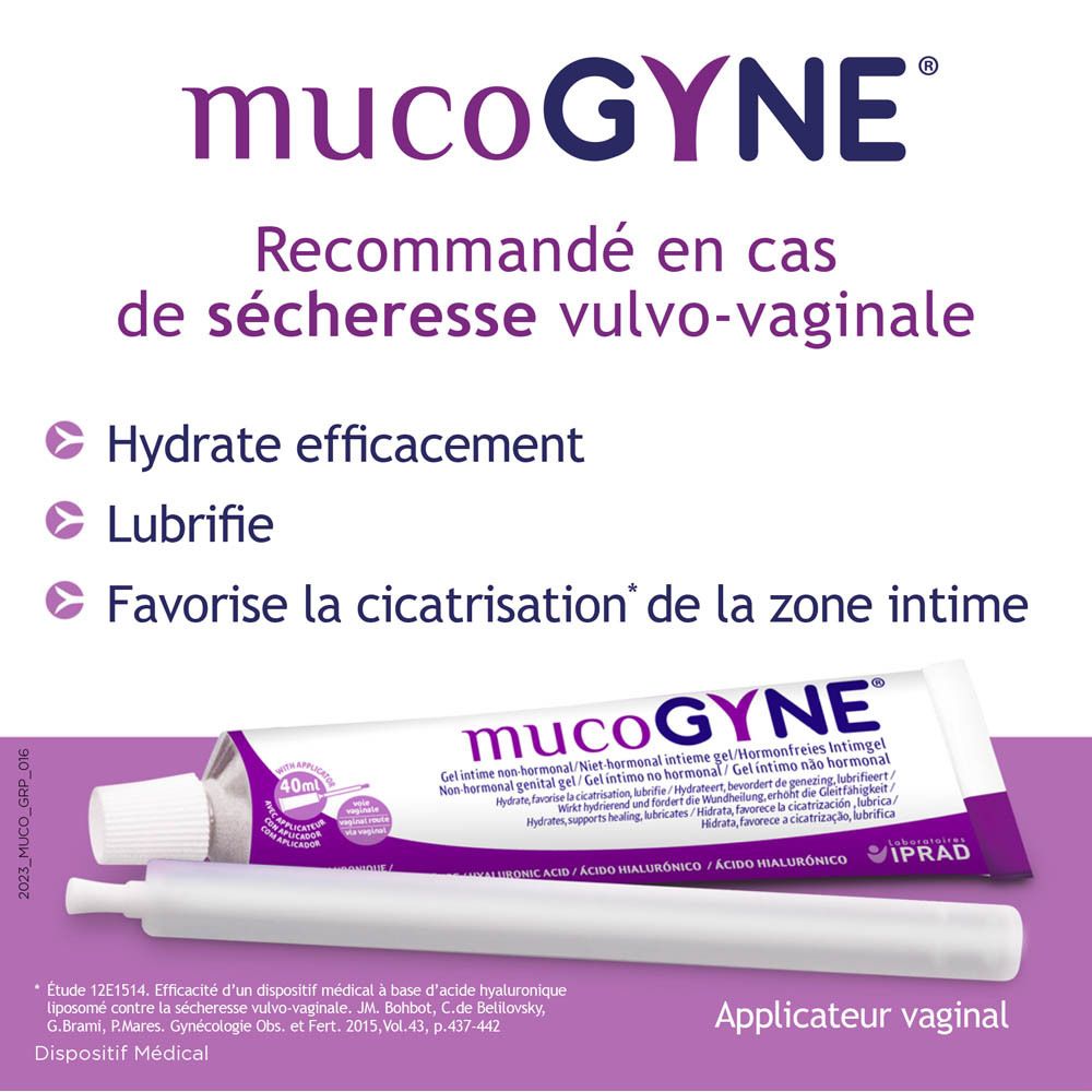 Publicité pour le gel intime MucoGYNE. Texte : Recommandé en cas de sécheresse vulvo-vaginale. Hydrate, lubrifie, favorise la cicatrisation.