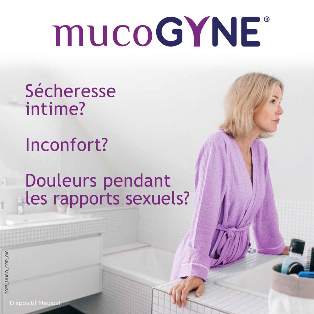 Femme dans une salle de bain. Texte : Sécheresse intime ? Inconfort ? Douleurs pendant les rapports sexuels ?