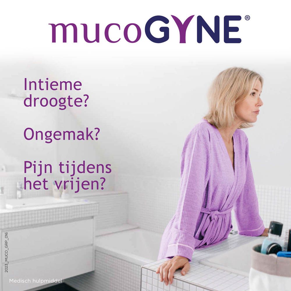 Reclame voor MucoGYNE intieme gel. Tekst: Niet-hormonale intieme gel op basis van hyaluronzuur. Langdurige doeltreffendheid.