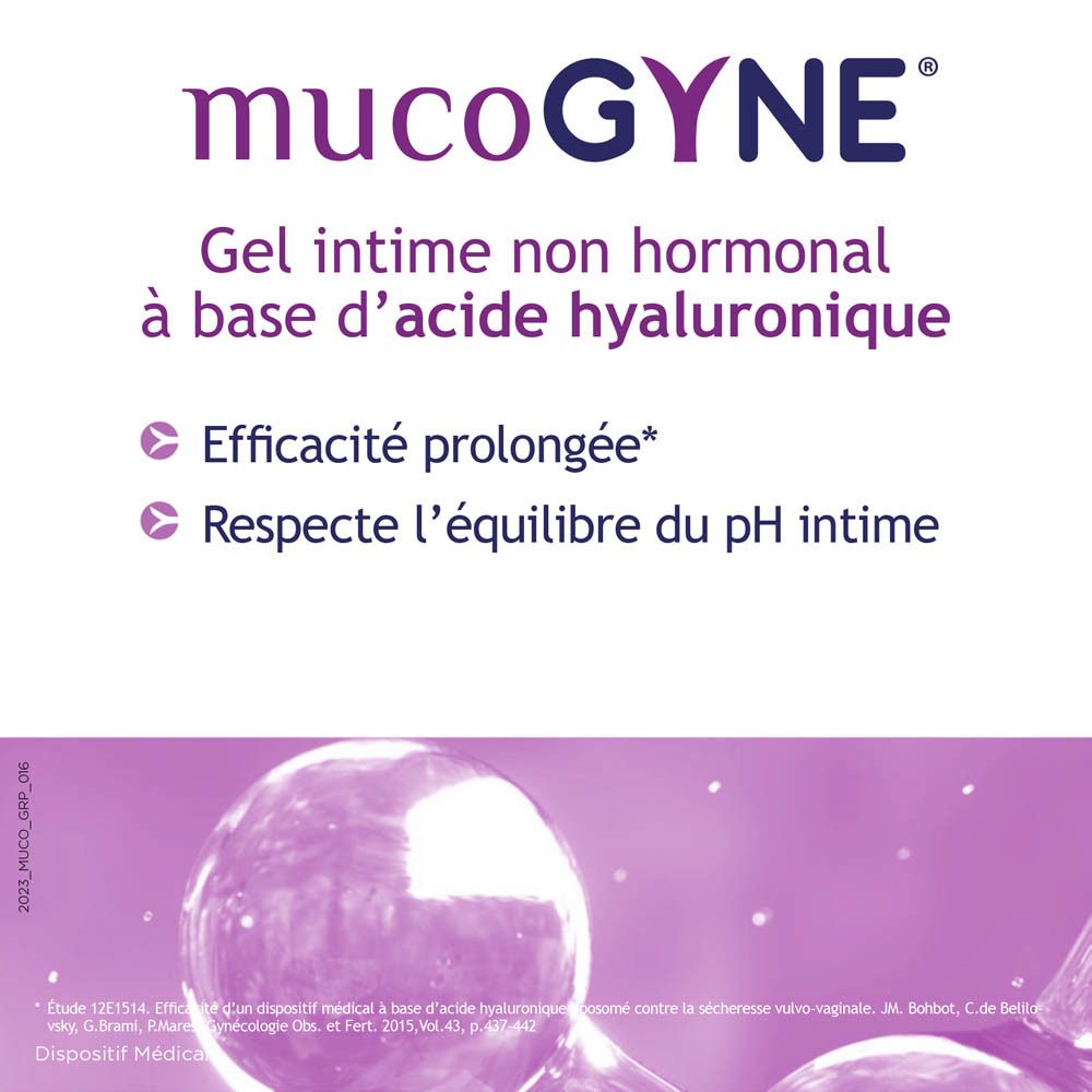 Publicité pour le gel intime MucoGYNE. Texte : Gel intime non hormonal à base d'acide hyaluronique. Efficacité prolongée.