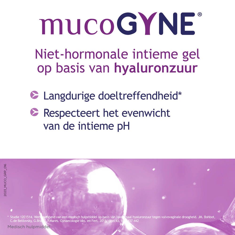 MucoGYNE intieme gel en applicator. Tekst: Niet vette textuur. Applicator voor eenvoudig gebruik. Compatibel met condooms.