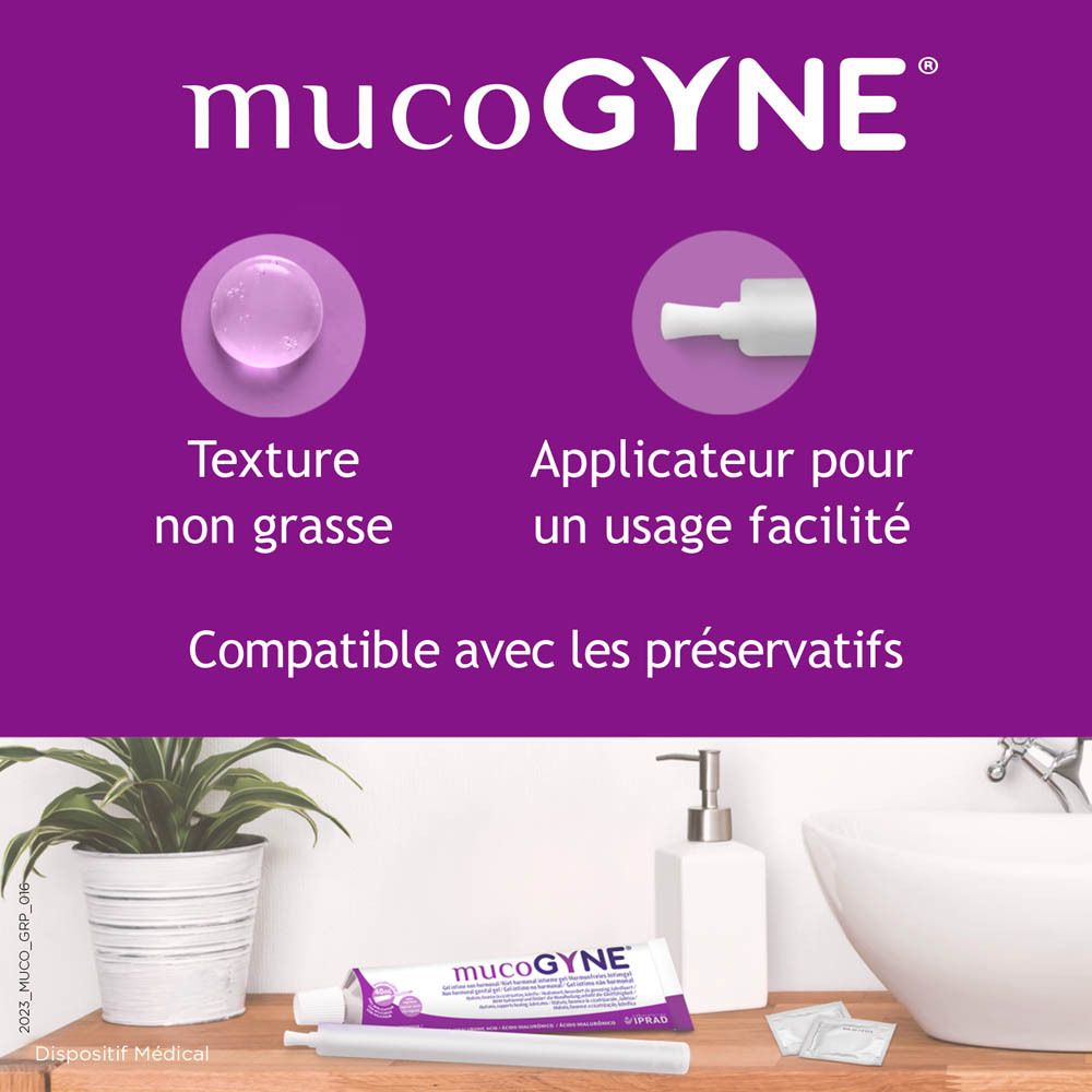 Gel intime MucoGYNE et applicateur. Texte : Texture non grasse. Applicateur pour un usage facilité. Compatible avec les préservatifs.