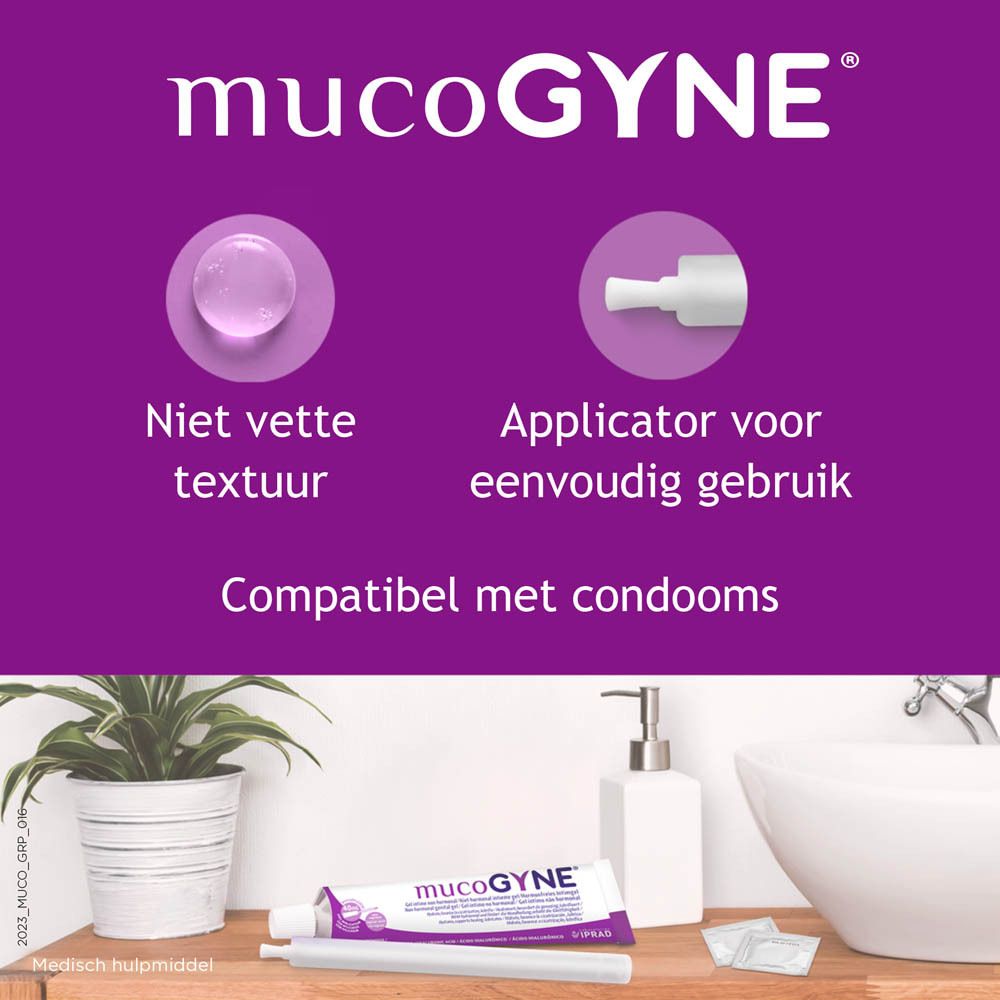 MucoGYNE intieme gel. Tekst: Hyaluronzuur. Zonder parfum, alcohol, kleurstoffen, hormonen. Geschikt voor alle vrouwen.