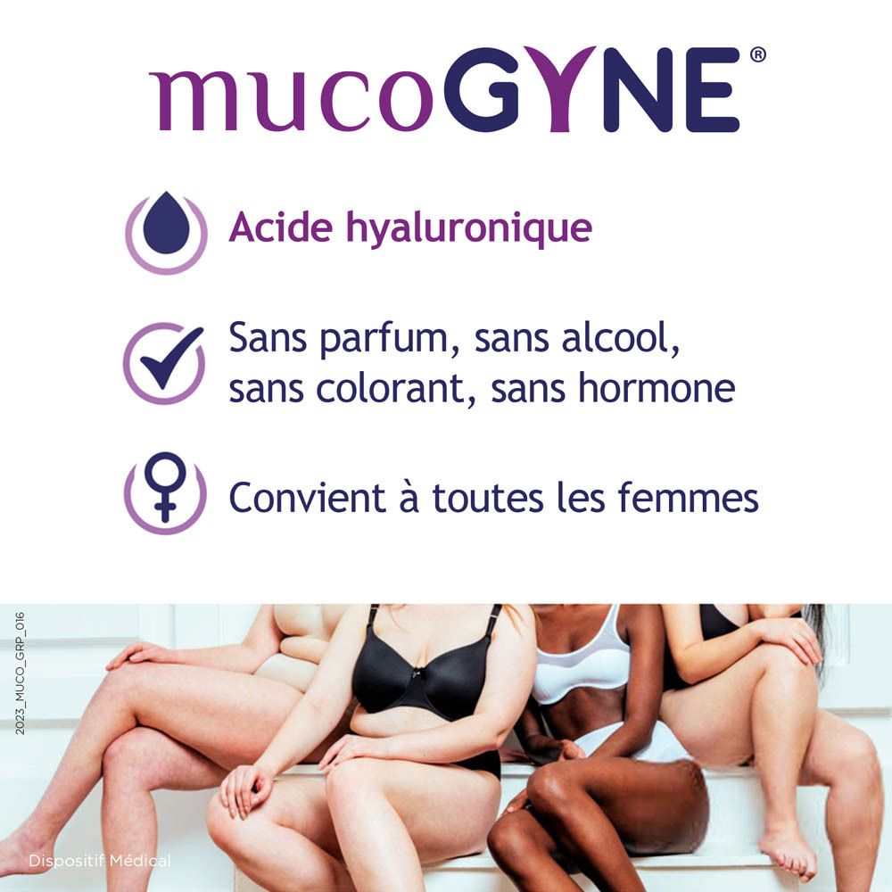 Gel intime MucoGYNE. Texte : Acide hyaluronique. Sans parfum, alcool, colorant, hormone. Convient à toutes les femmes.