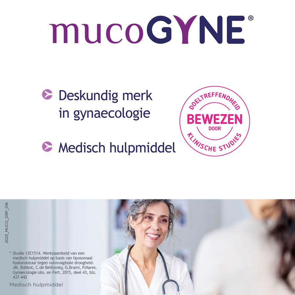 Verschillende vormen van MucoGYNE. Tekst: Een formaat aangepast aan elk gebruik. Vaginale ovules, unidoses, tube met applicator.