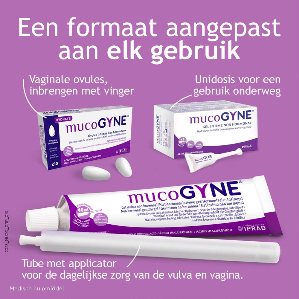 Reclame voor MucoGYNE intieme gel. Tekst: Aanbevolen bij vulvo-vaginale droogte. Hydrateert, smeert, bevordert genezing.