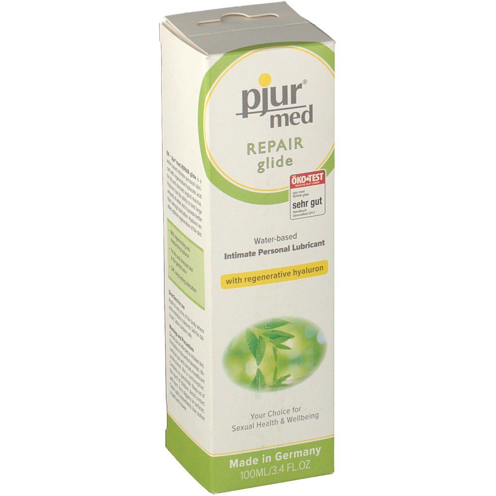 Emballage Pjur med Repair Glide. Boîte verte et blanche avec nom du produit, logo et label ÖKO-TEST. Contient un lubrifiant intime à base d'eau.