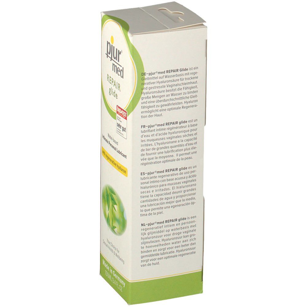 Dos de l'emballage Pjur med Repair Glide. Texte en allemand, français, espagnol et néerlandais. Contient des informations sur le produit.