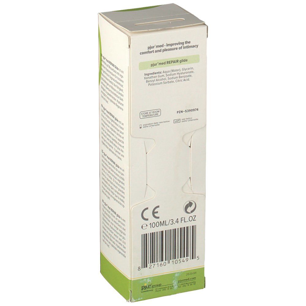 Côté de l'emballage Pjur med Repair Glide. Contient les ingrédients, le numéro de lot, le marquage CE et le code-barres. 100ml/3.4 FL.OZ.