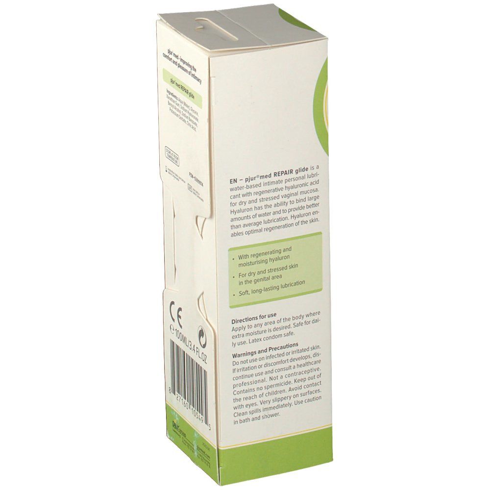 Côté de l'emballage Pjur med Repair Glide. Contient la description du produit en anglais, les instructions d'utilisation et les avertissements. Marquage CE.