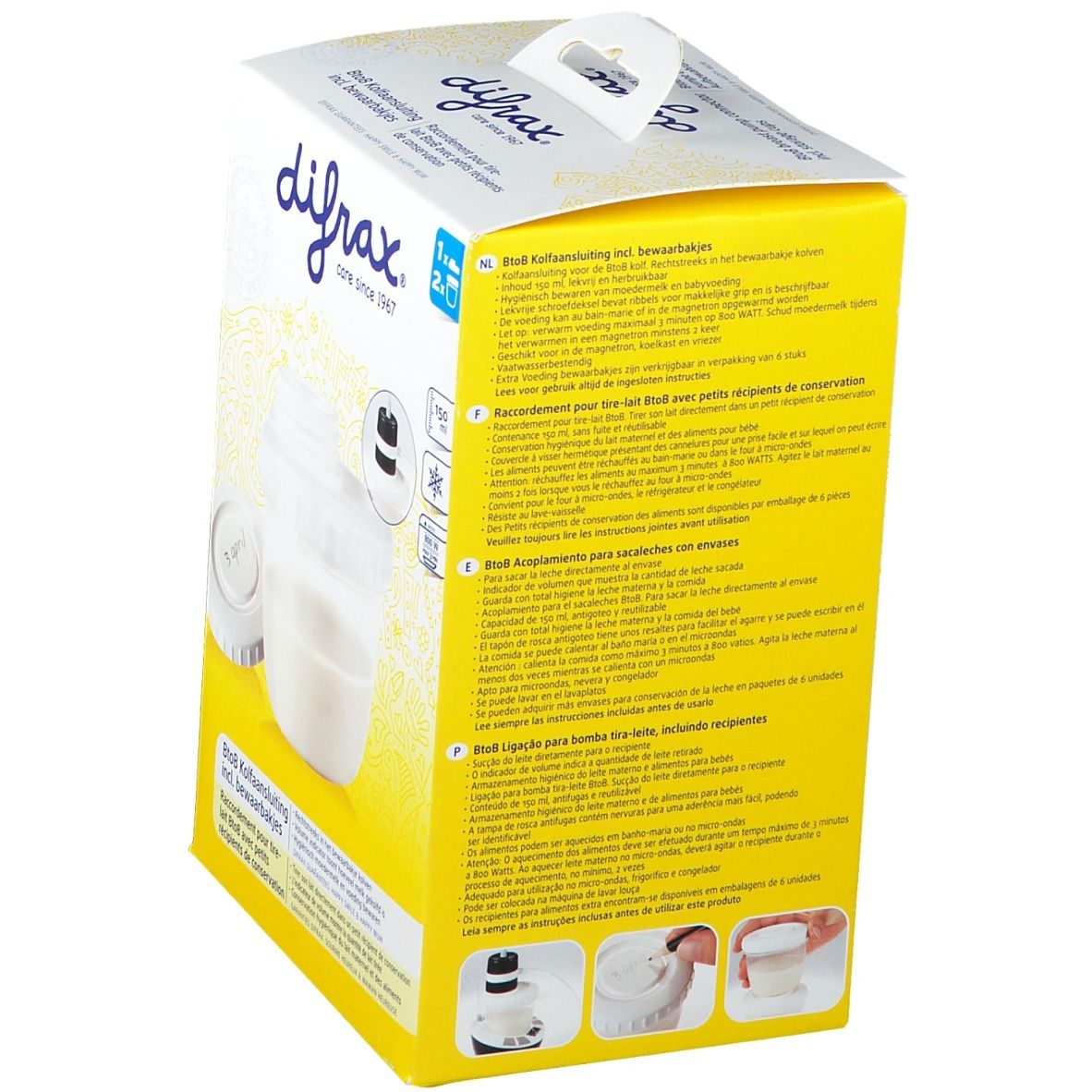 Dos de l'emballage difrax® pour raccord de tire-lait avec récipients. Boîte jaune avec texte multilingue. Contient des informations sur le produit.