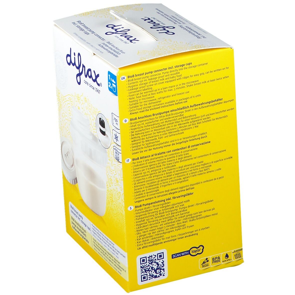Dos de l'emballage difrax® pour raccord de tire-lait avec récipients. Boîte jaune avec texte multilingue. Contient des informations sur le produit.
